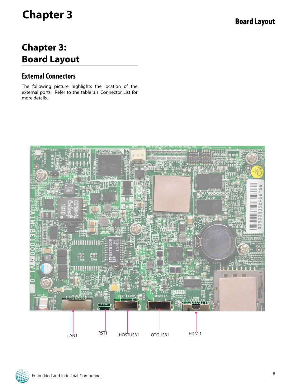 Chapter 3, Chapter 3: board layout, Board layout | External connectors | Lanner LEC-7001 User Manual | Page 10 / 17