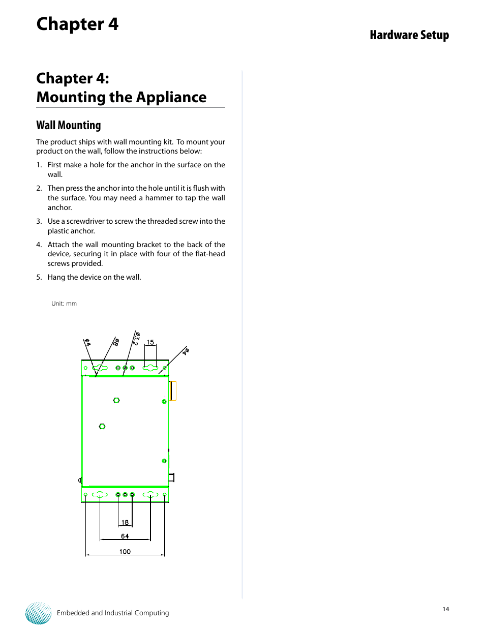 Chapter 4, Chapter 4: mounting the appliance, Hardware setup | Wall mounting | Lanner LEC-7001 User Manual | Page 15 / 17