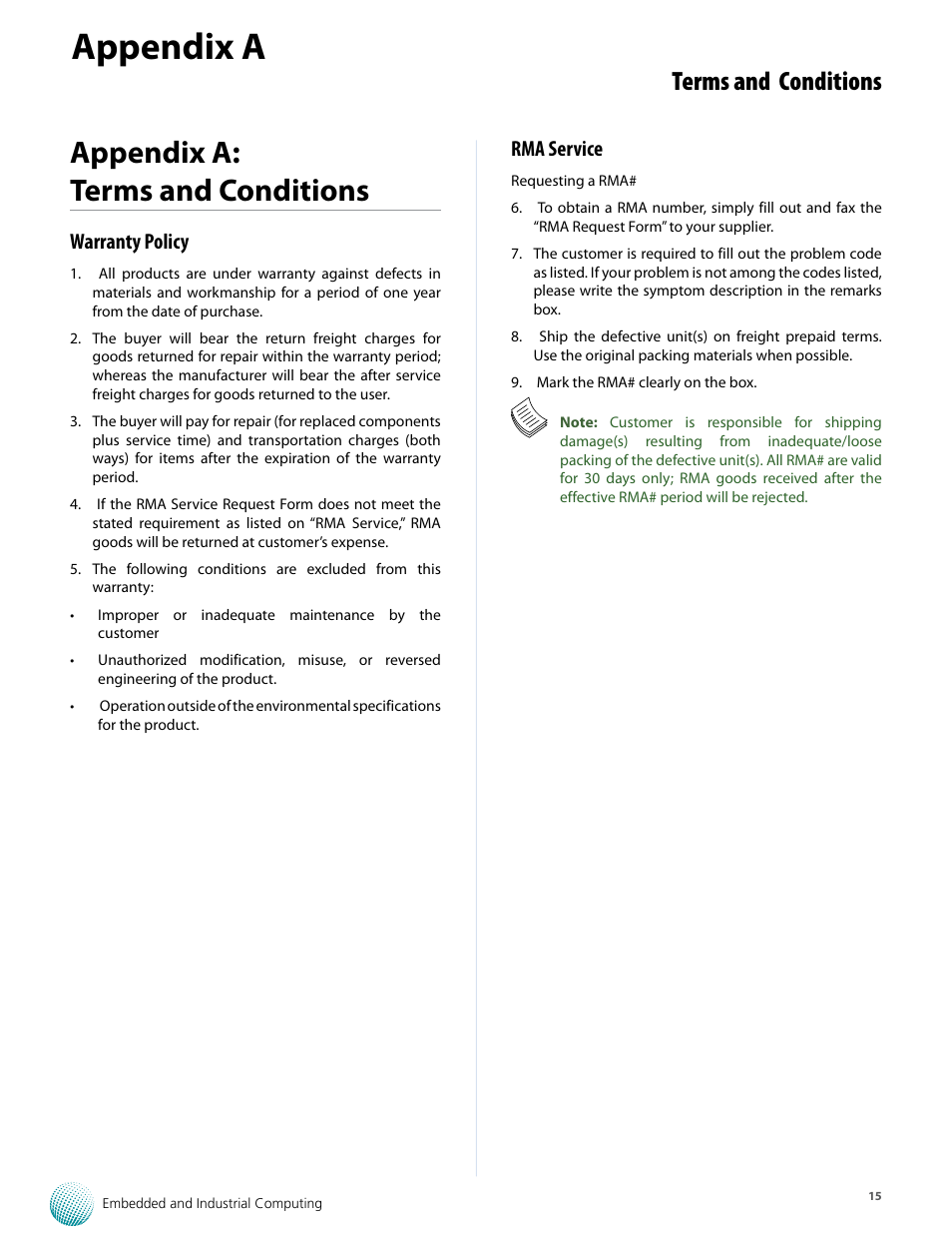 Appendix a, Appendix a: terms and conditions, Terms and conditions | Warranty policy, Rma service | Lanner LEC-7001 User Manual | Page 16 / 17