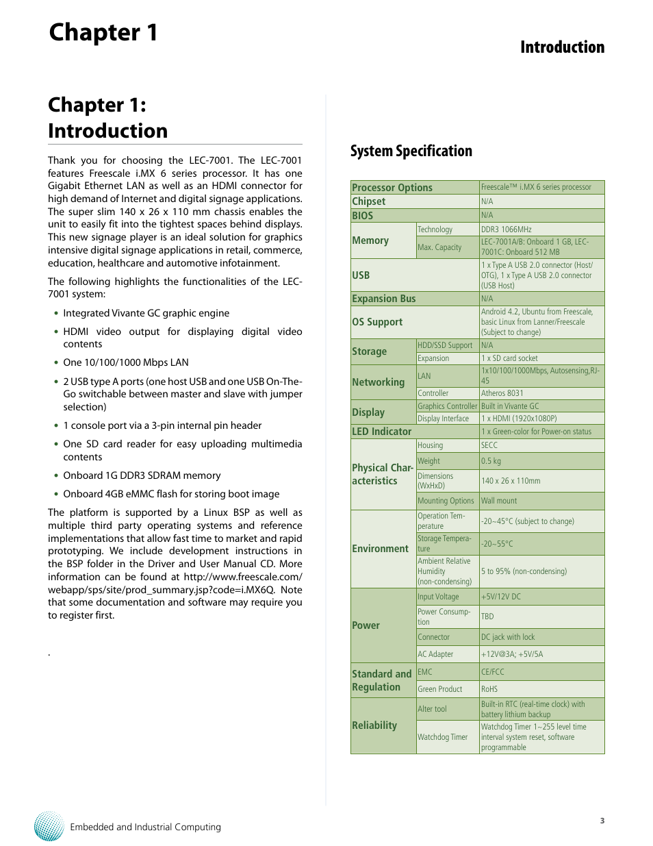 Chapter 1, Chapter 1: introduction, Introduction | System specification | Lanner LEC-7001 User Manual | Page 4 / 17