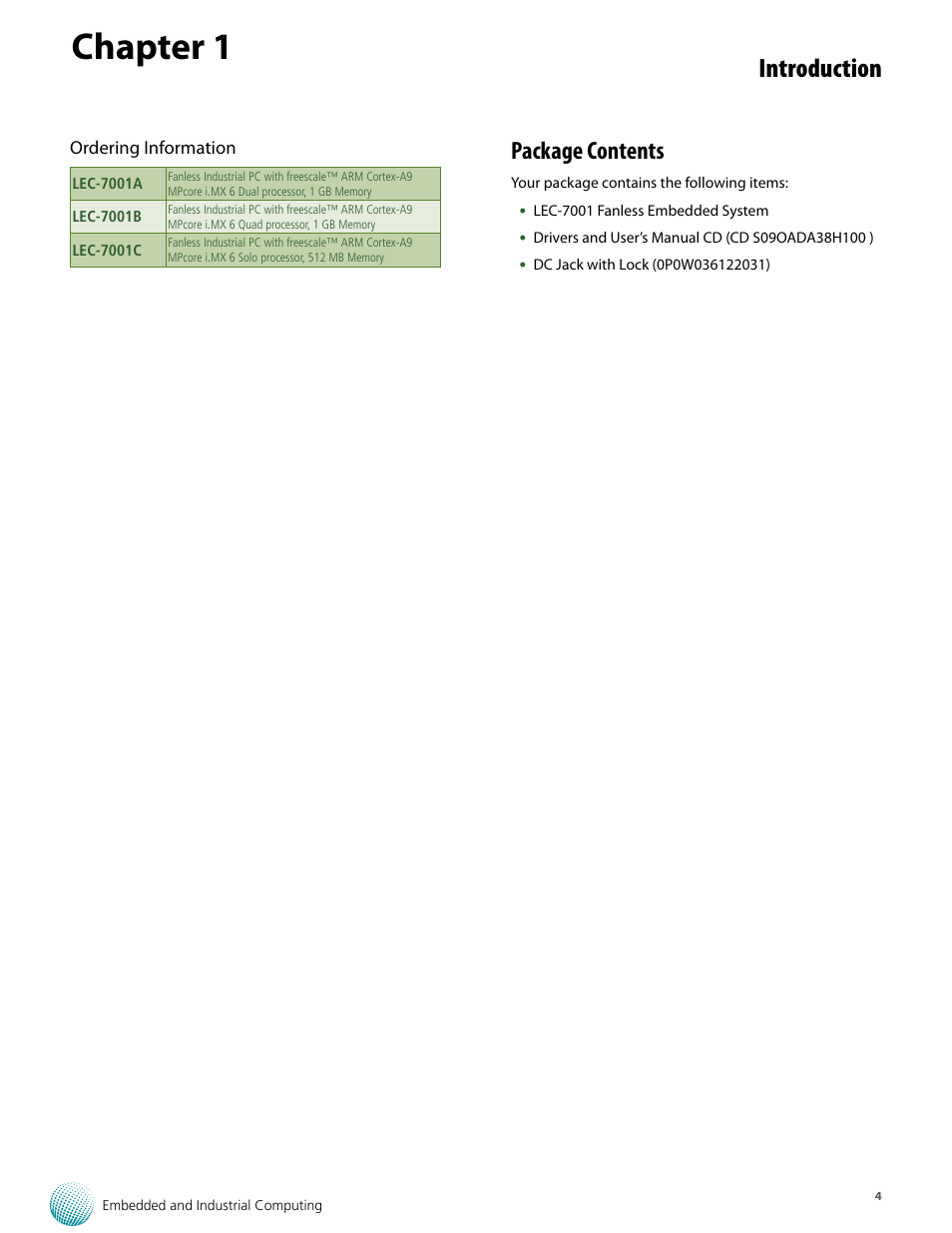 Chapter 1, Introduction, Package contents | Lanner LEC-7001 User Manual | Page 5 / 17