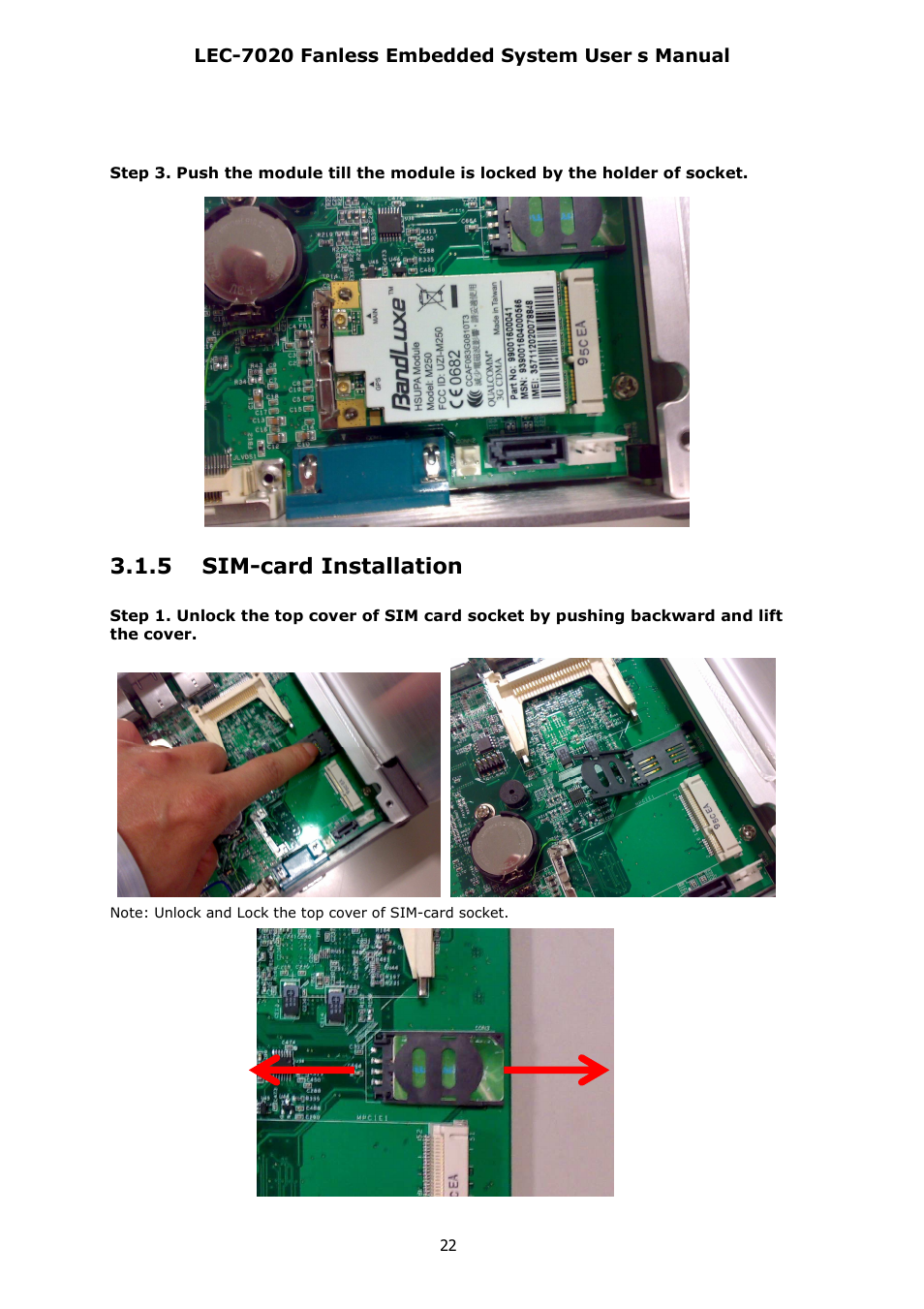 Lock unlock, 5 sim-card installation | Lanner LEC-7020 User Manual | Page 22 / 28