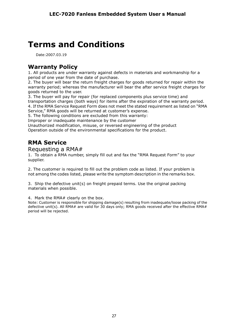 Terms and conditions, Warranty policy, Rma service requesting a rma | Lanner LEC-7020 User Manual | Page 27 / 28