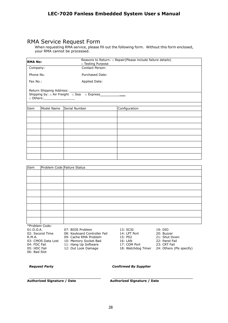 Rma service request form, Lec-7020 fanless embedded system user ’ s manual | Lanner LEC-7020 User Manual | Page 28 / 28