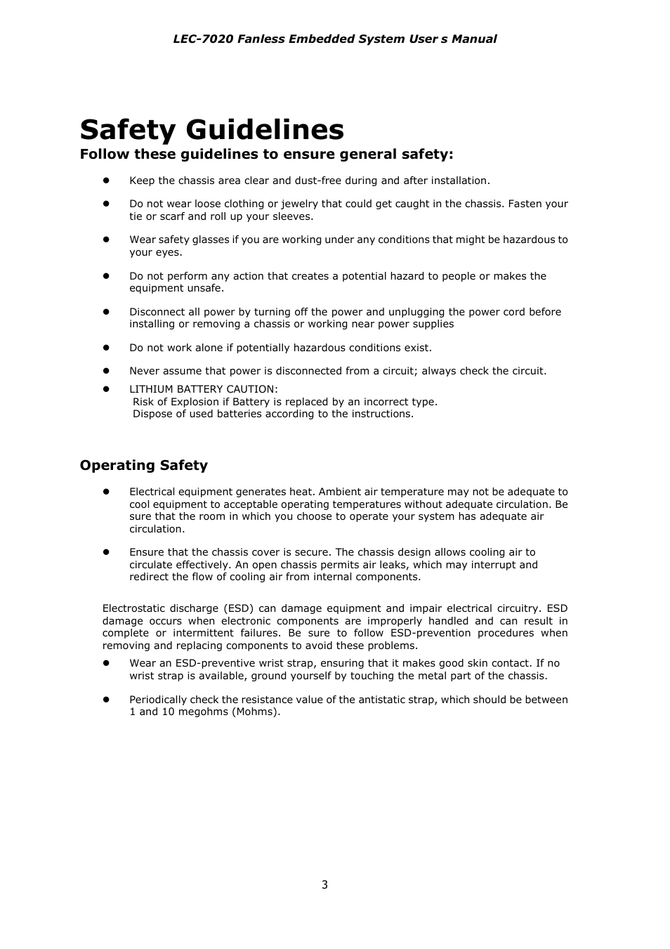 Safety guidelines, Follow these guidelines to ensure general safety, Operating safety | Lanner LEC-7020 User Manual | Page 3 / 28