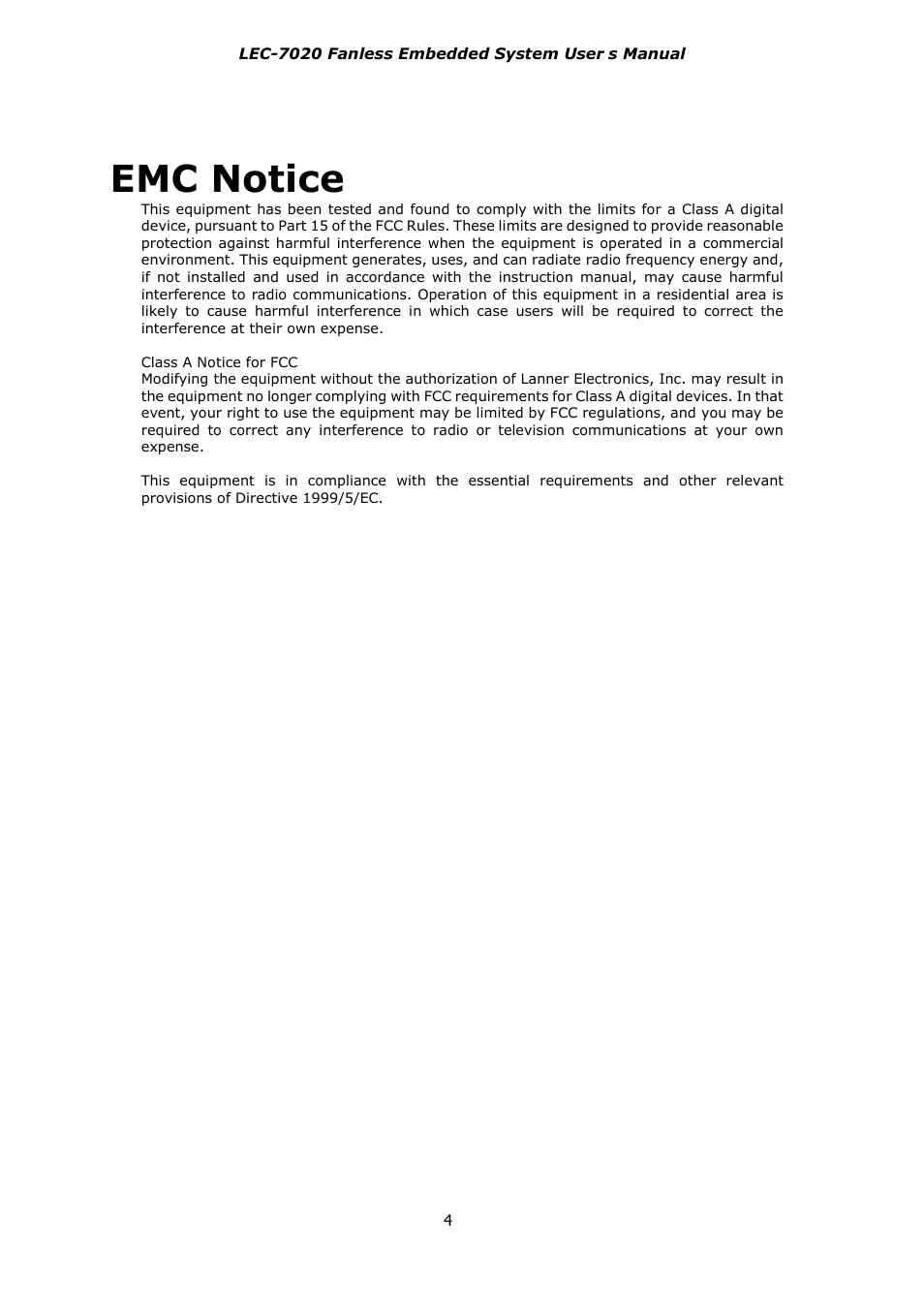 Emc notice | Lanner LEC-7020 User Manual | Page 4 / 28