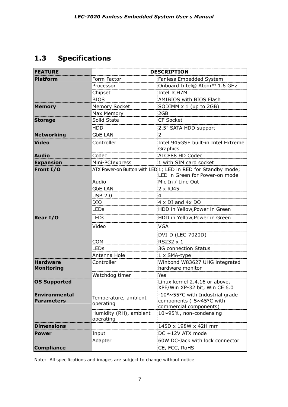 3 specifications | Lanner LEC-7020 User Manual | Page 7 / 28