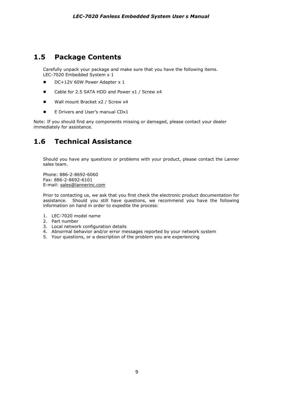 5 package contents, 6 technical assistance | Lanner LEC-7020 User Manual | Page 9 / 28