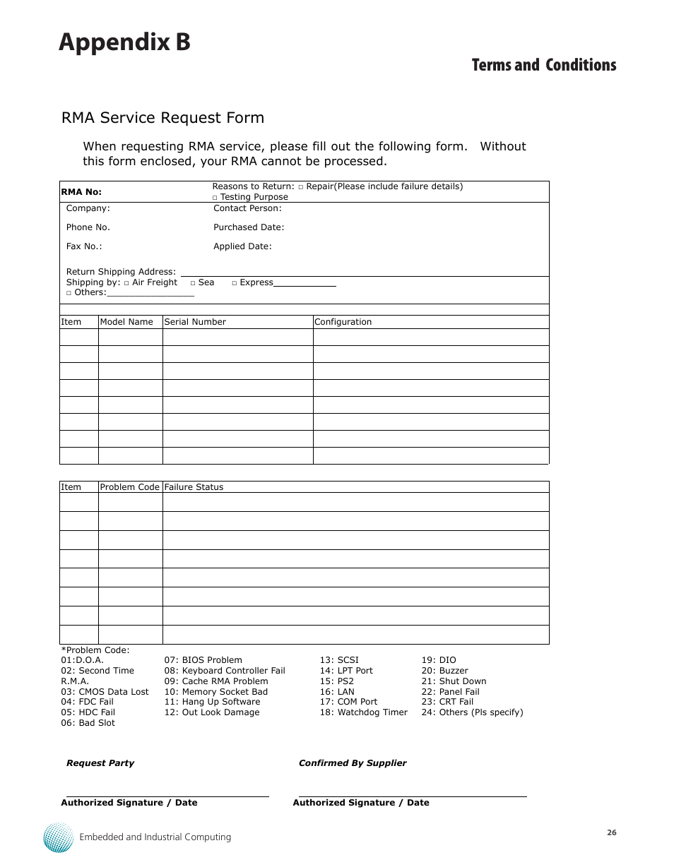 Appendix b, Terms and conditions, Rma service request form | Lanner LEC-7050 User Manual | Page 27 / 27