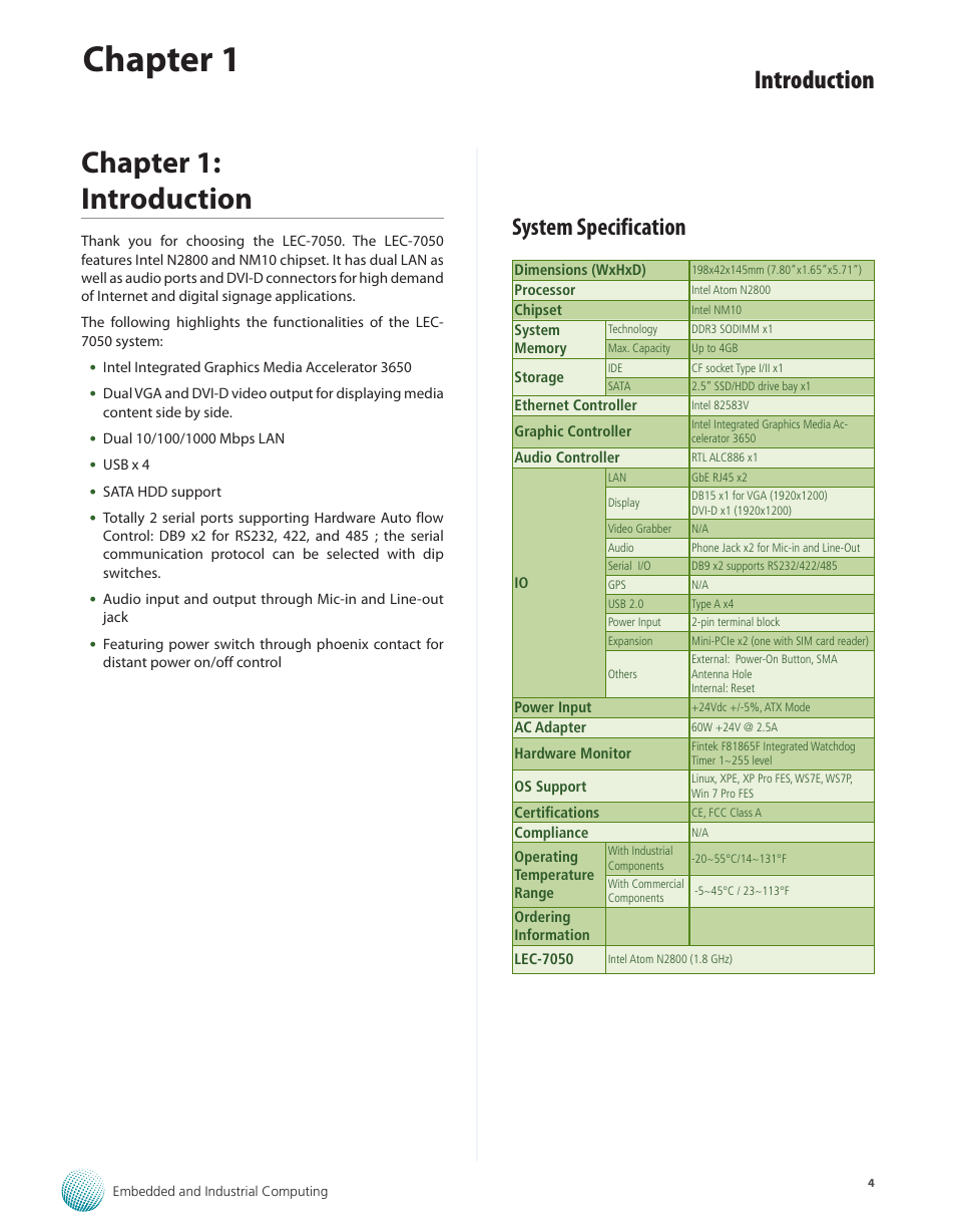 Chapter 1: introduction, System specification, Chapter 1 | Introduction | Lanner LEC-7050 User Manual | Page 5 / 27