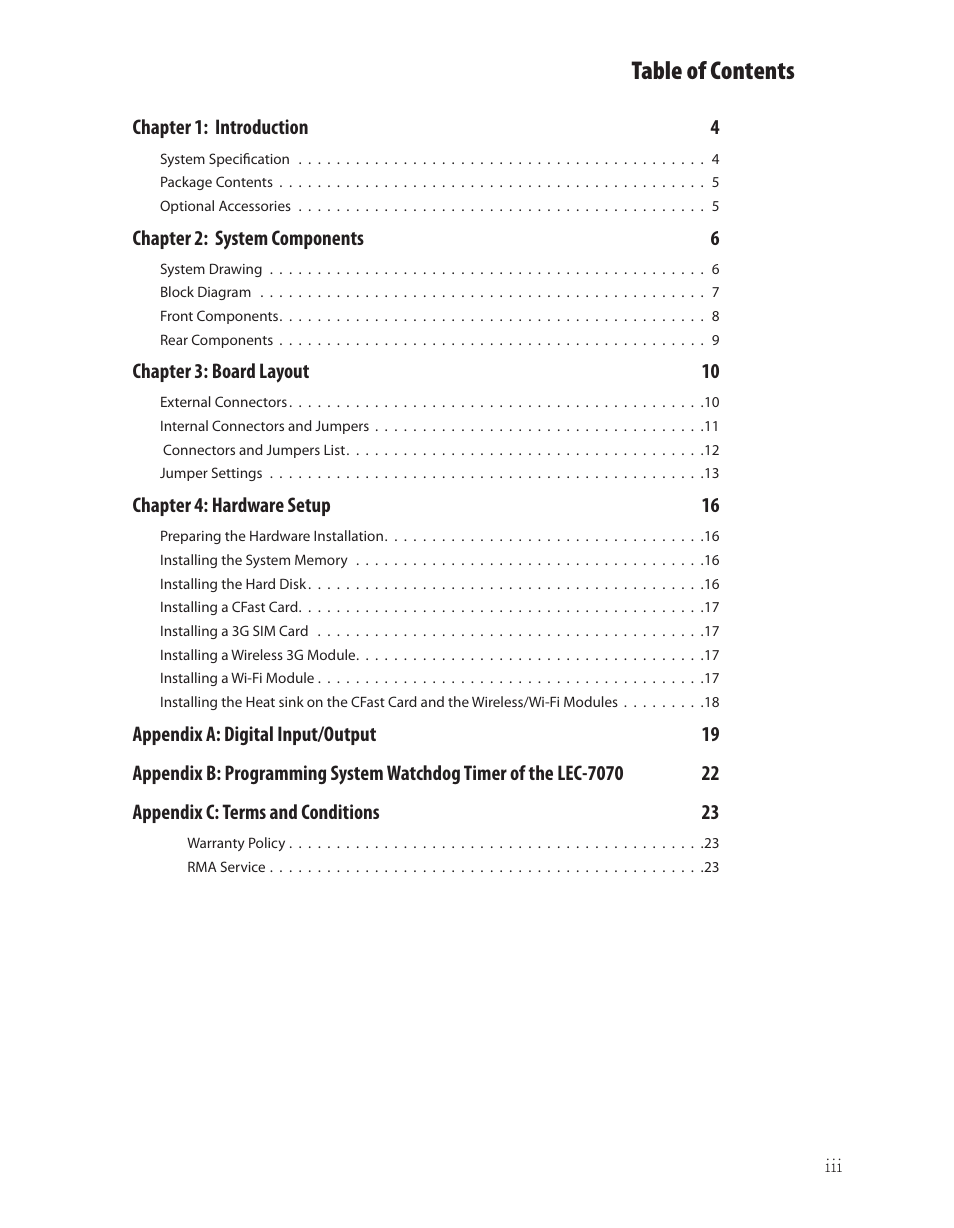 Ttat table of contents beable of contents | Lanner LEC-7070 User Manual | Page 3 / 24