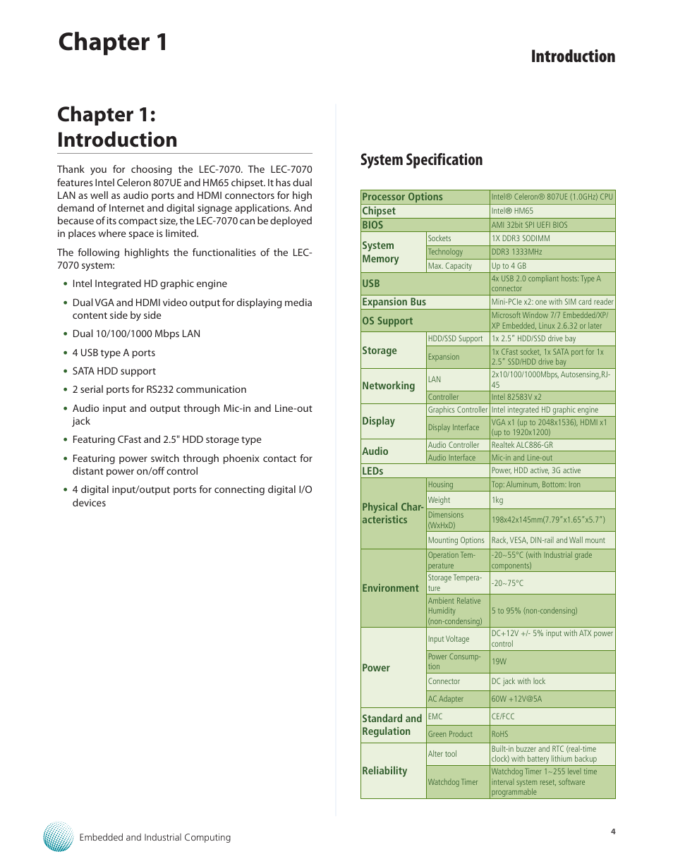 Chapter 1: introduction, System specification, Chapter 1 | Introduction | Lanner LEC-7070 User Manual | Page 4 / 24