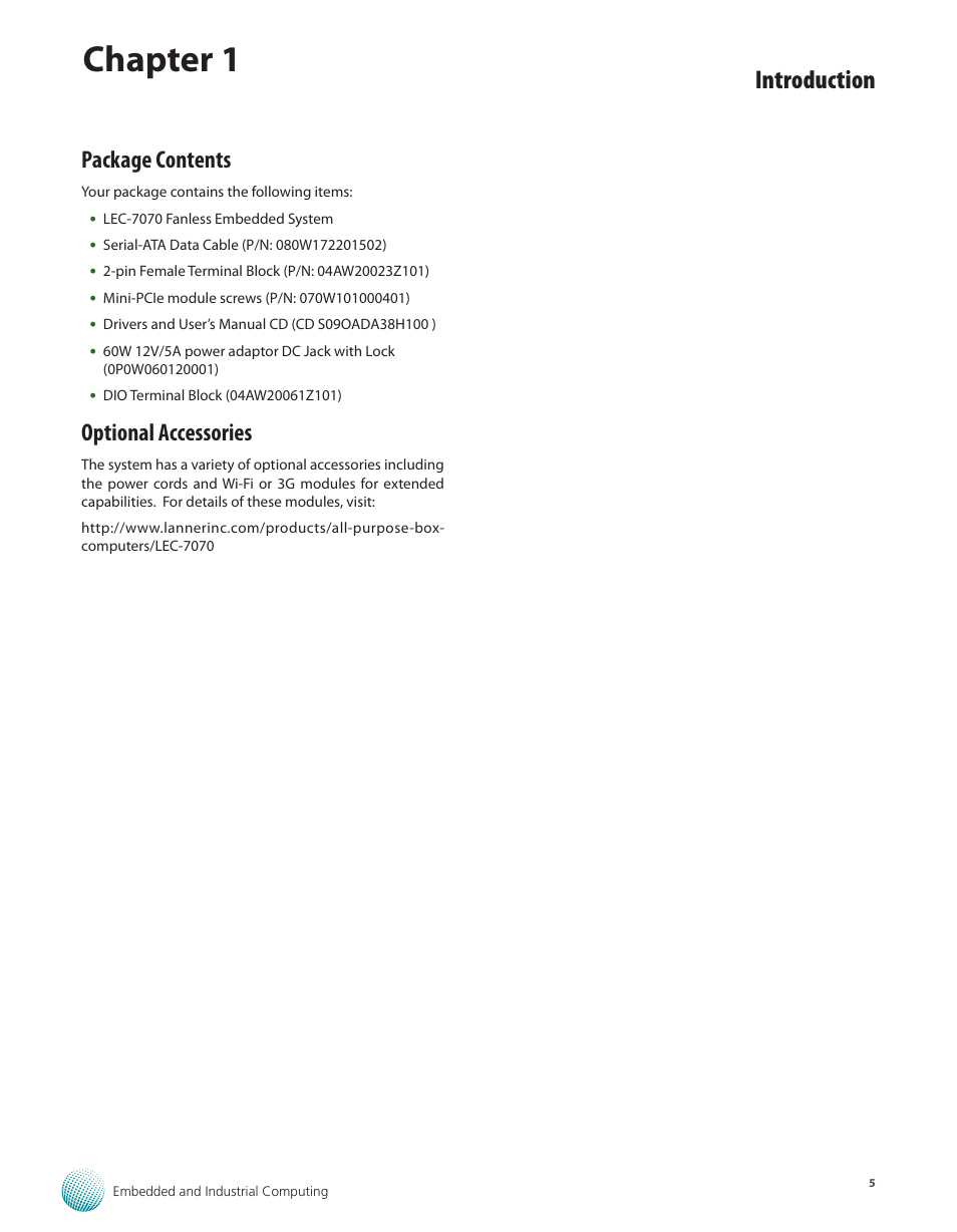Package contents, Optional accessories, Package contents optional accessories | Chapter 1, Introduction | Lanner LEC-7070 User Manual | Page 5 / 24