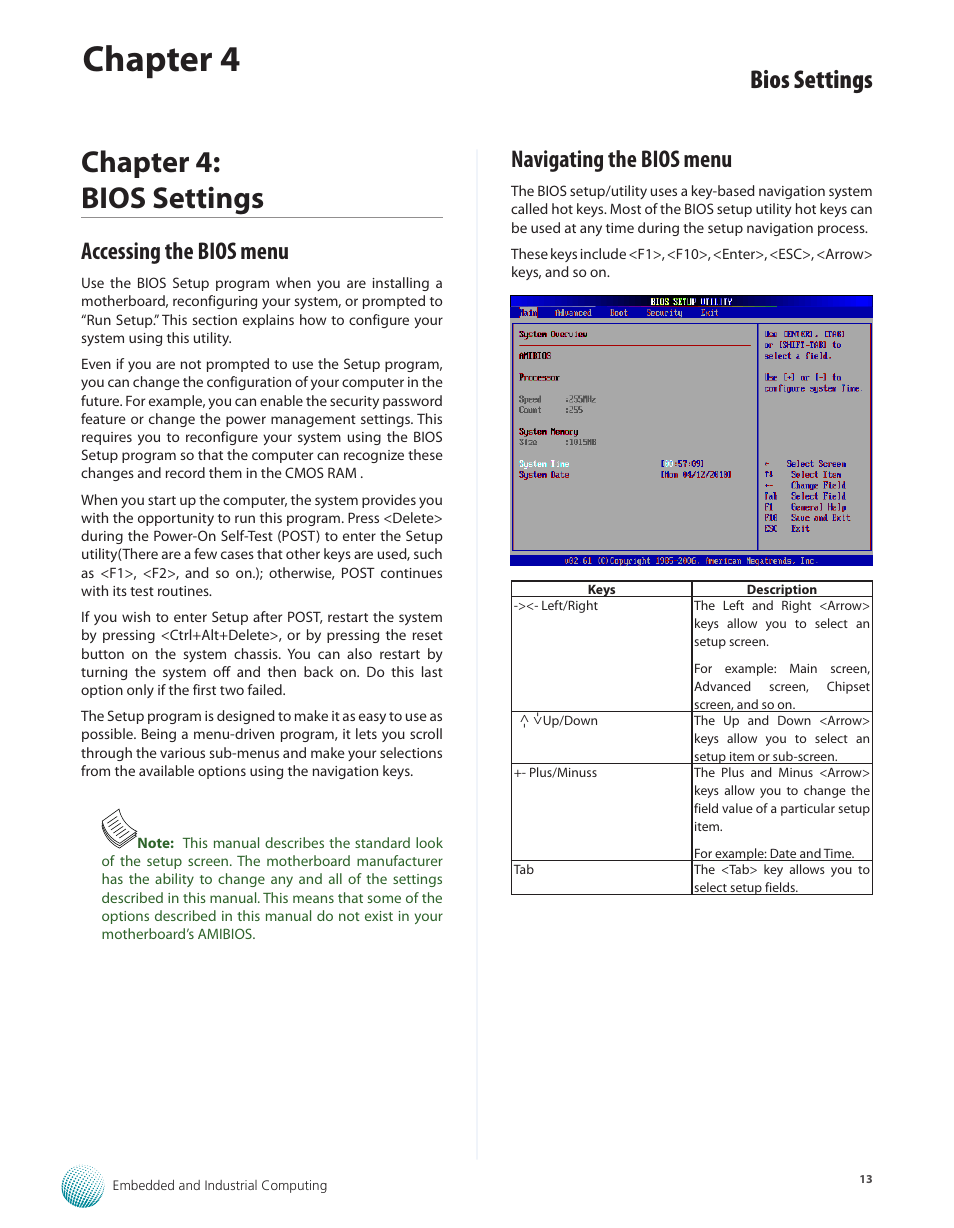 Chapter 4: bios settings, Accessing the bios menu, Navigating the bios menu | Accessing the bios menu navigating the bios menu, Chapter 4, Bios settings | Lanner LEC-7100 User Manual | Page 16 / 38