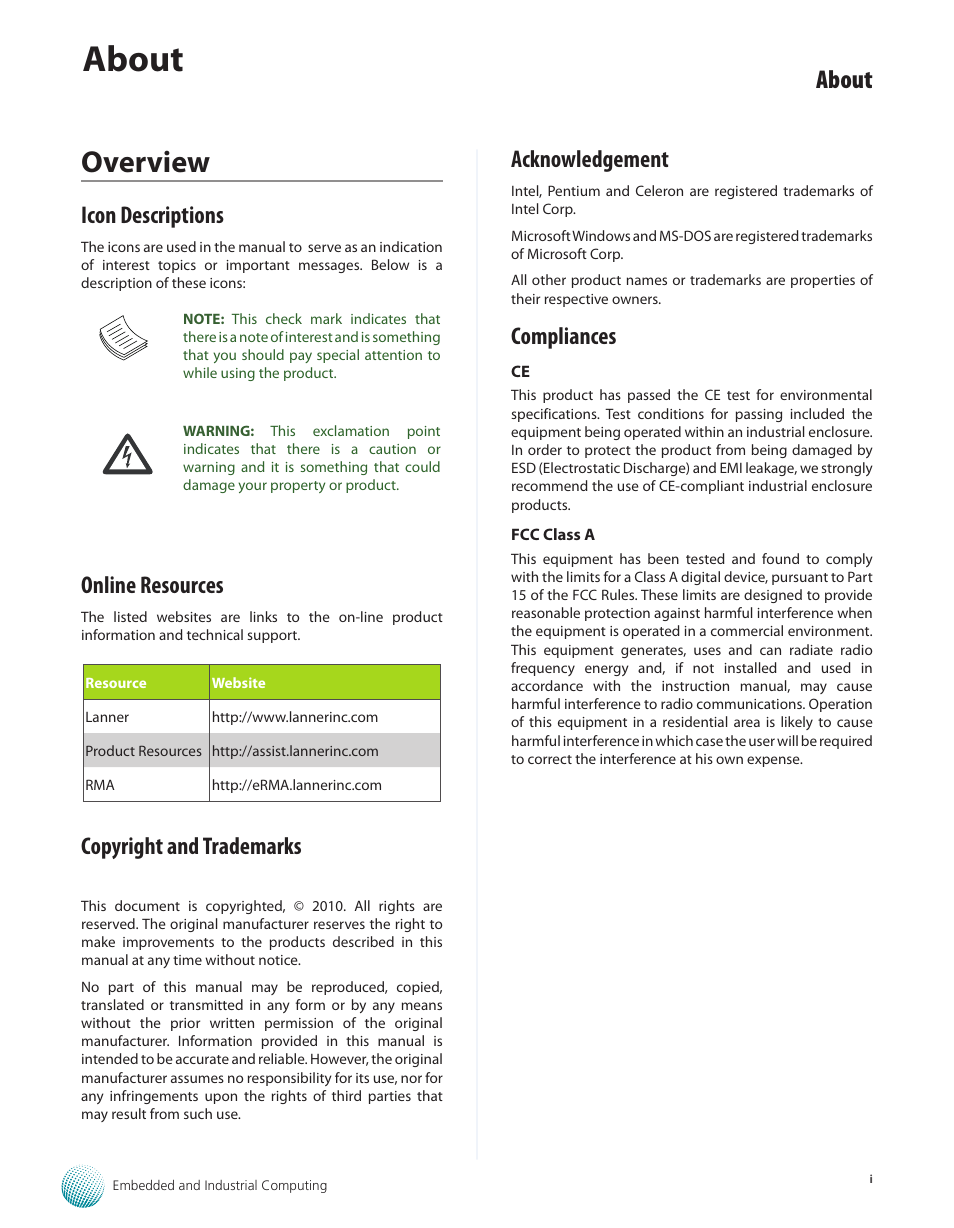 Overview, About, Icon descriptions | Online resources, Copyright and trademarks, Acknowledgement, Compliances | Lanner LEC-7100 User Manual | Page 2 / 38