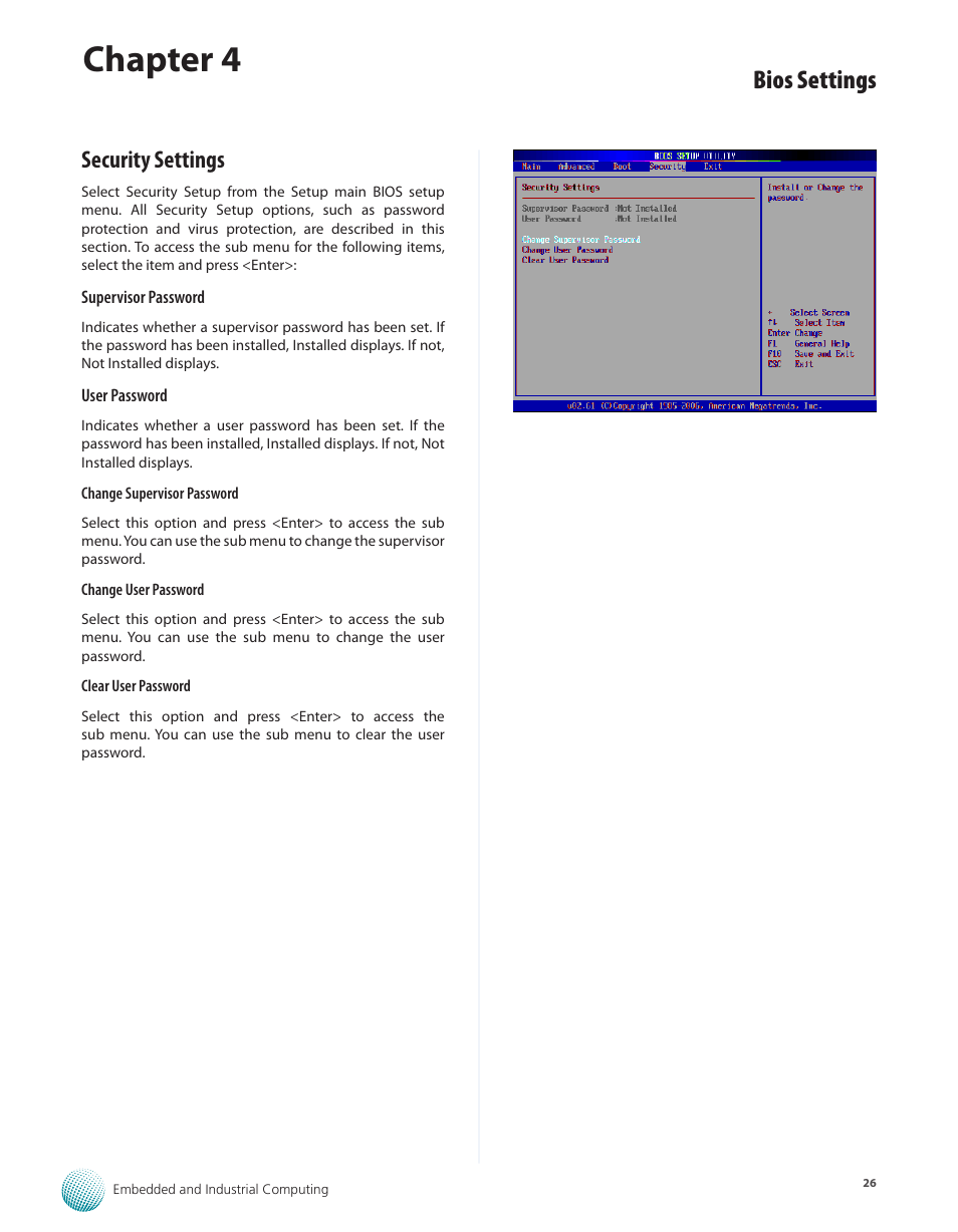 Security settings, Chapter 4, Bios settings | Lanner LEC-7100 User Manual | Page 29 / 38