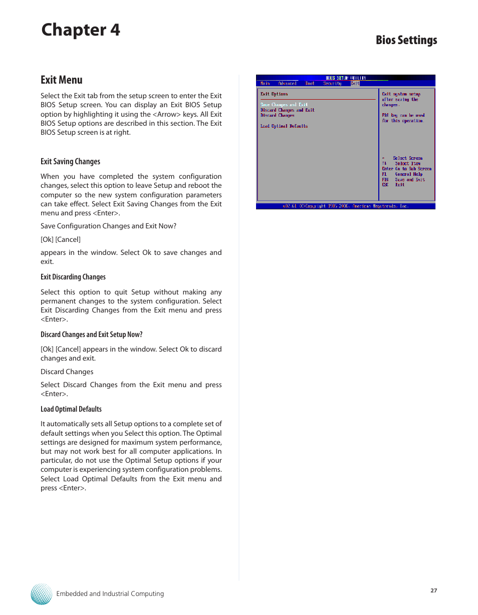 Exit menu, Chapter 4, Bios settings | Lanner LEC-7100 User Manual | Page 30 / 38