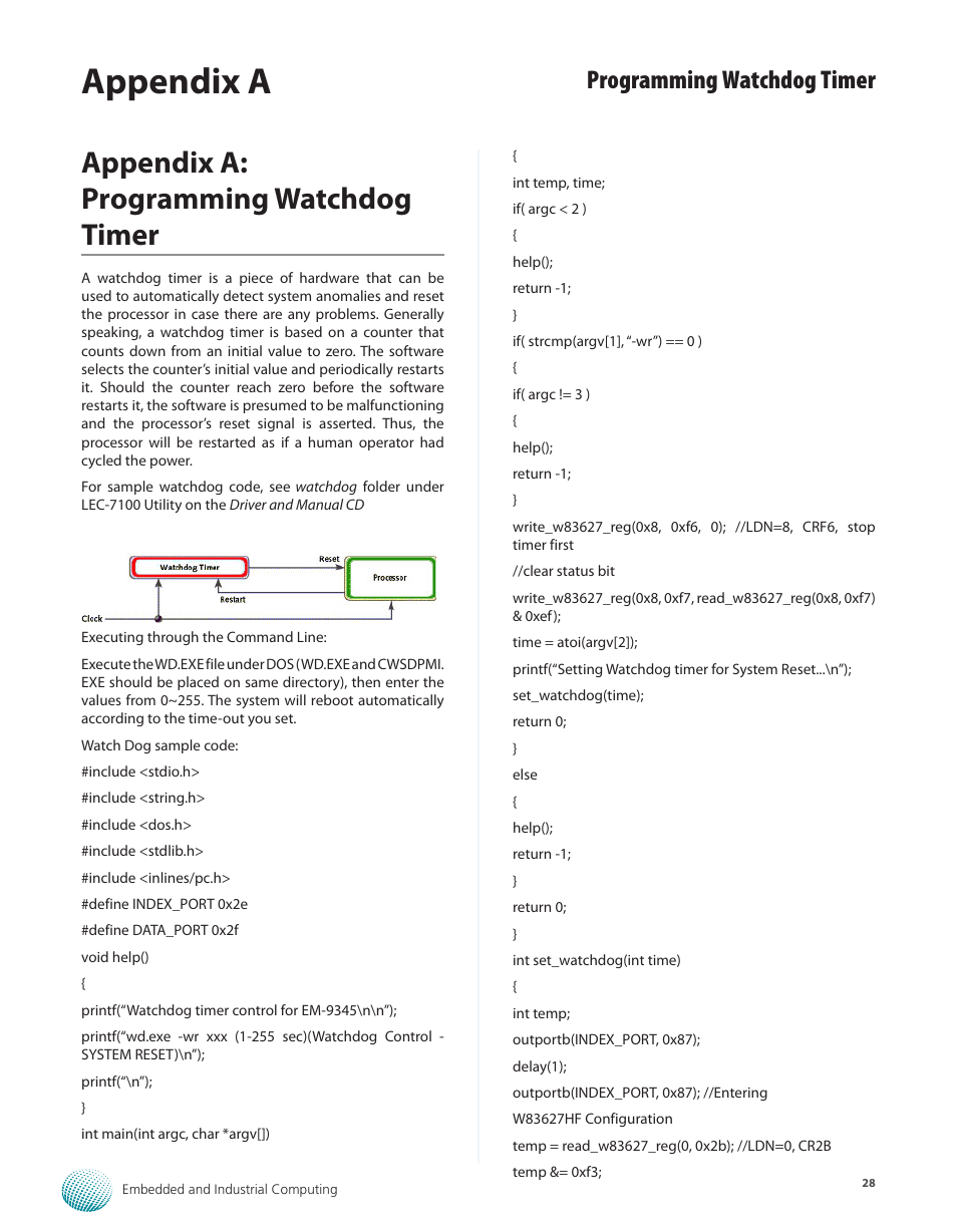 Appendix a: programming watchdog timer, Appendix a, Programming watchdog timer | Lanner LEC-7100 User Manual | Page 31 / 38