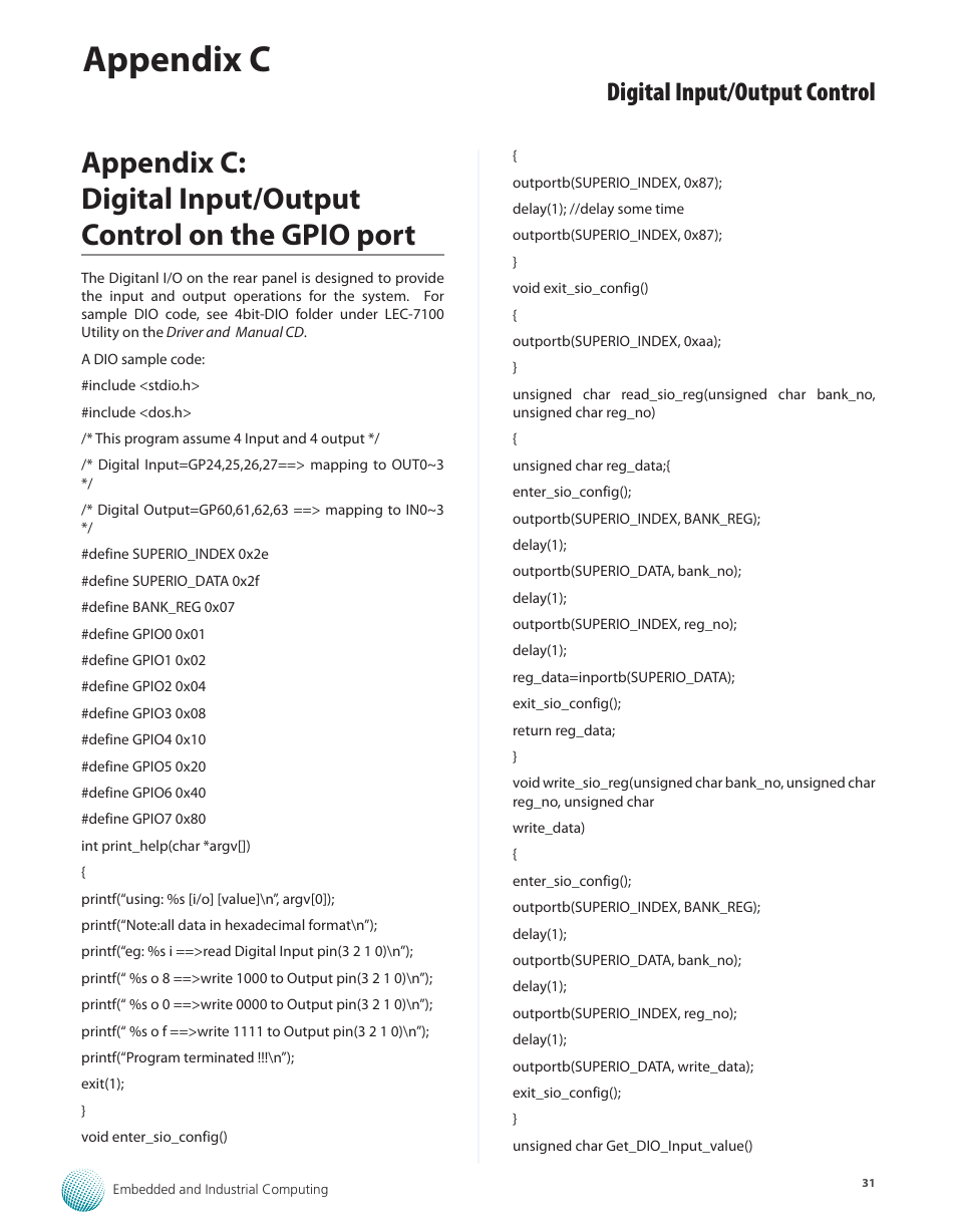 Appendix c, Digital input/output control | Lanner LEC-7100 User Manual | Page 34 / 38