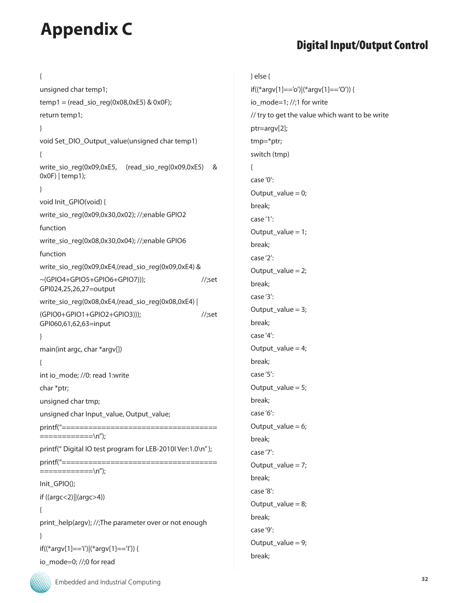 Appendix c, Digital input/output control | Lanner LEC-7100 User Manual | Page 35 / 38