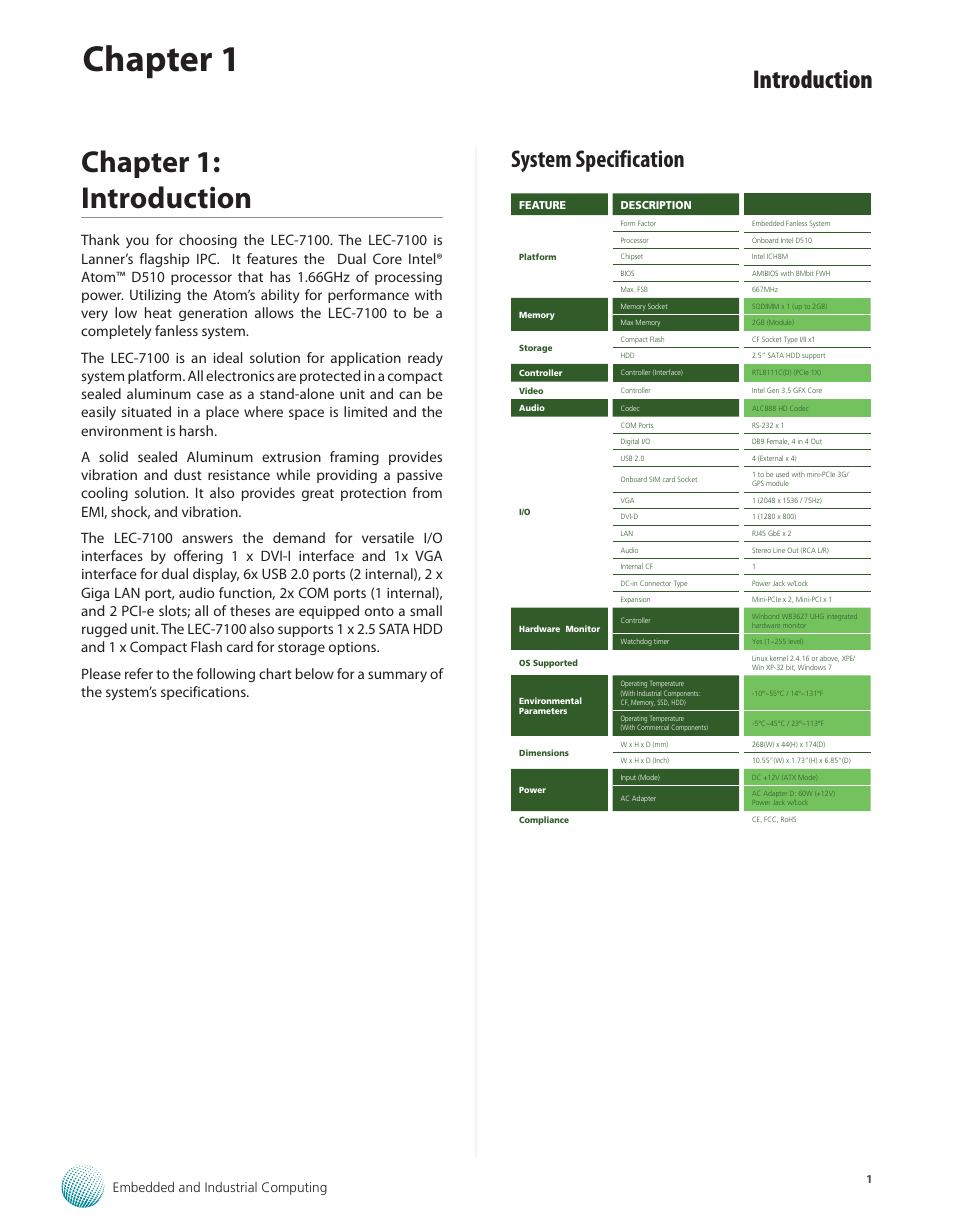 Chapter 1: introduction, System specification, Chapter 1 | Introduction | Lanner LEC-7100 User Manual | Page 4 / 38