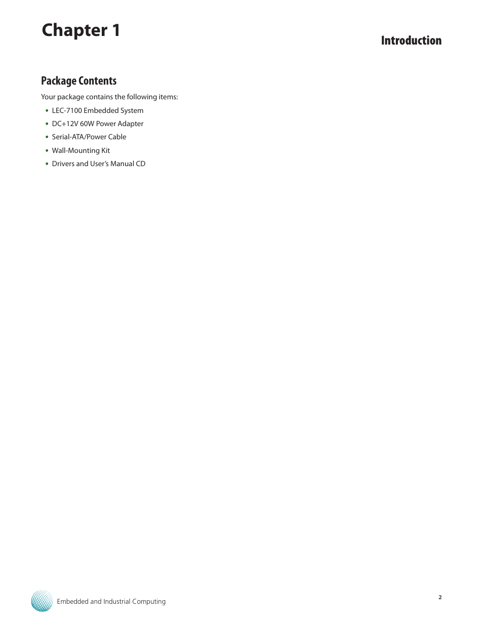 Package contents, Chapter 1, Introduction | Lanner LEC-7100 User Manual | Page 5 / 38