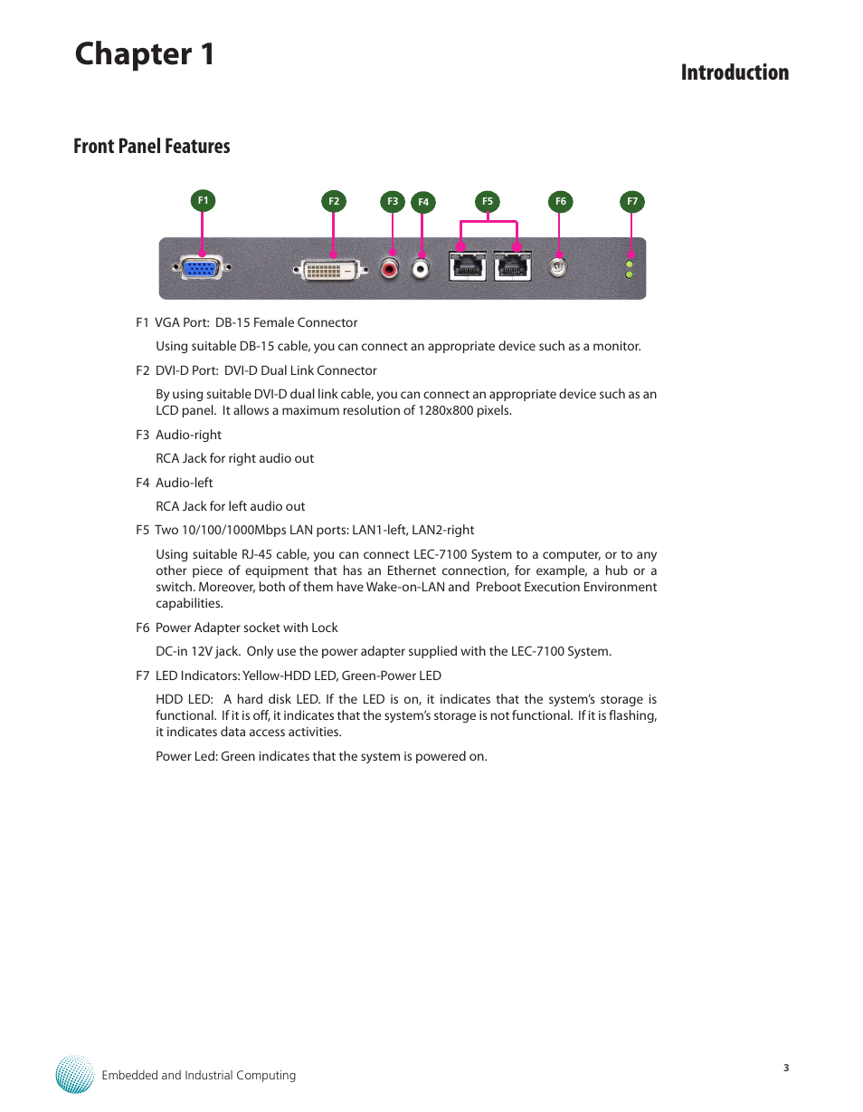 Front panel features, Chapter 1, Introduction | Lanner LEC-7100 User Manual | Page 6 / 38