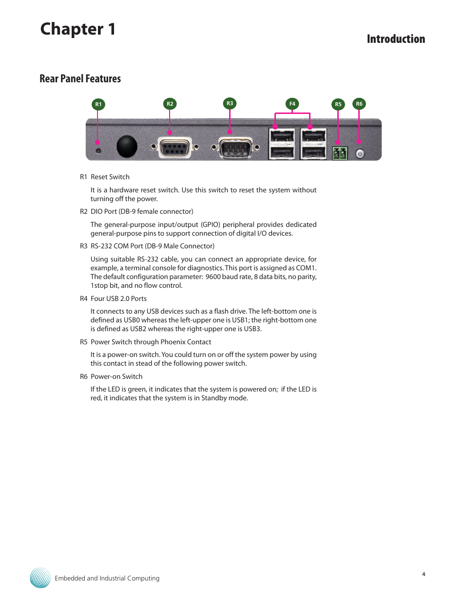 Rear panel features, Chapter 1, Introduction | Lanner LEC-7100 User Manual | Page 7 / 38