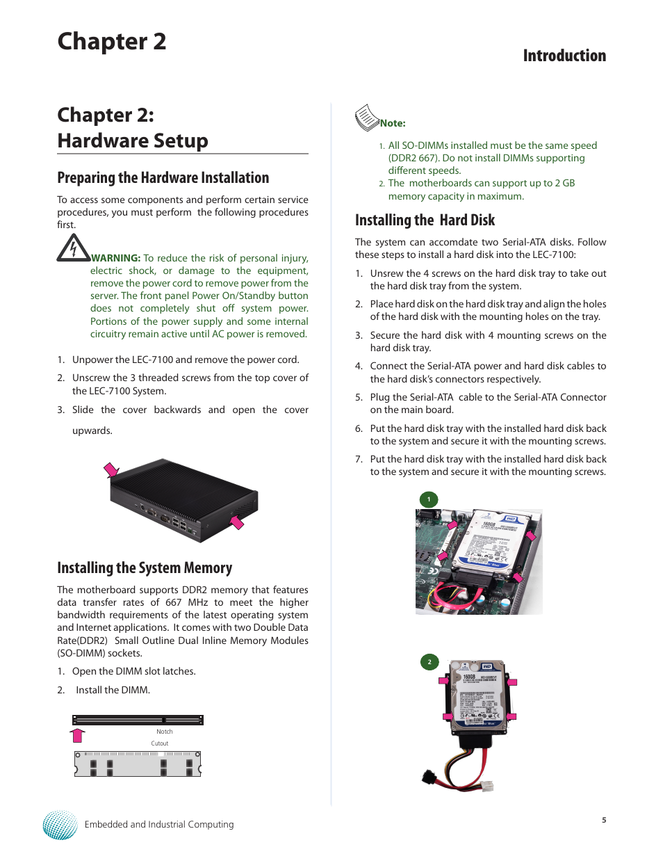 Chapter 2: hardware setup, Preparing the hardware installation, Installing the system memory | Installing the hard disk, Chapter 2, Introduction | Lanner LEC-7100 User Manual | Page 8 / 38