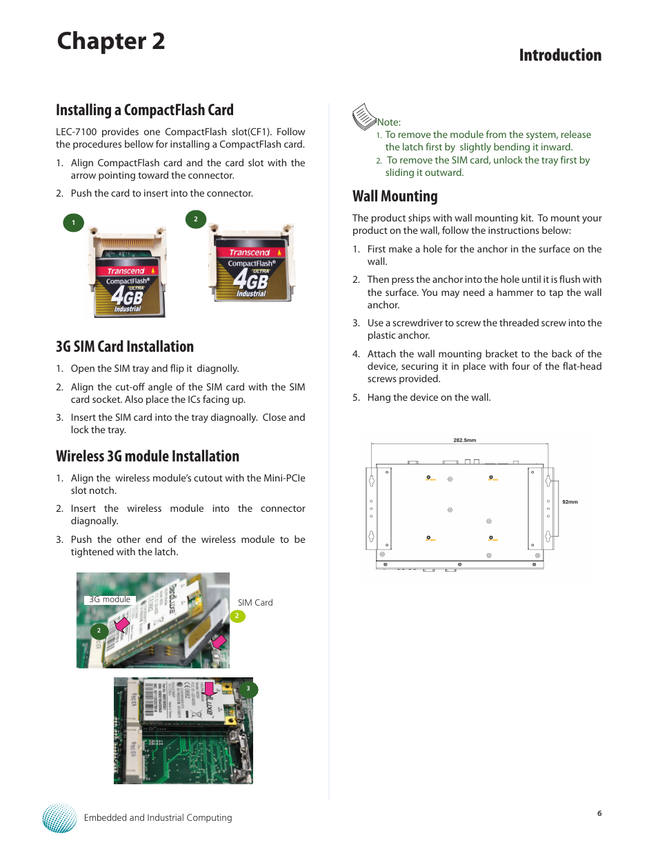 Installing a compactflash card, 3g sim card installation, Wireless 3g module installation | Wall mounting, Chapter 2, Introduction | Lanner LEC-7100 User Manual | Page 9 / 38