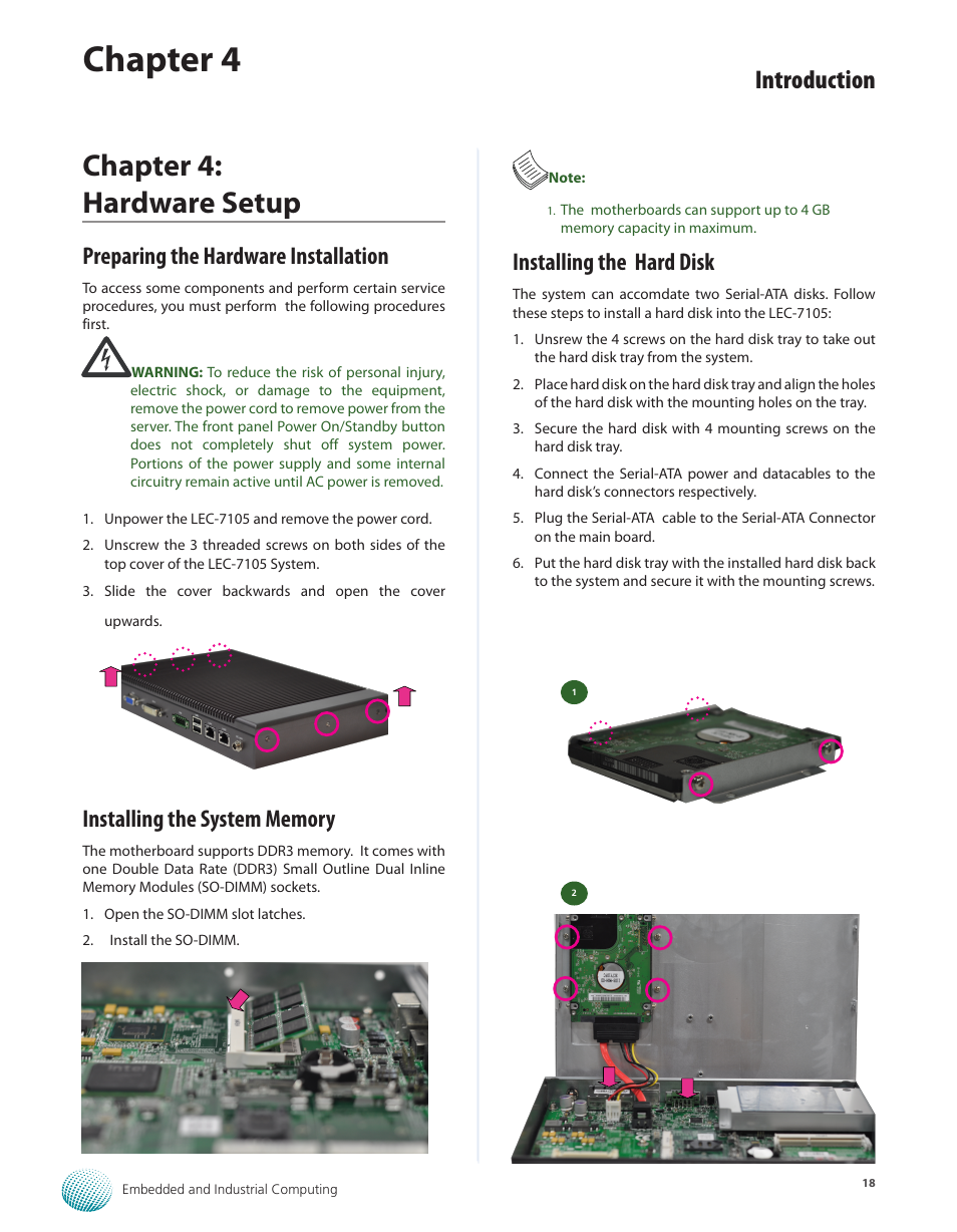 Chapter 4: hardware setup, Preparing the hardware installation, Installing the system memory | Installing the hard disk, Chapter 4, Introduction | Lanner LEC-7105 User Manual | Page 18 / 37