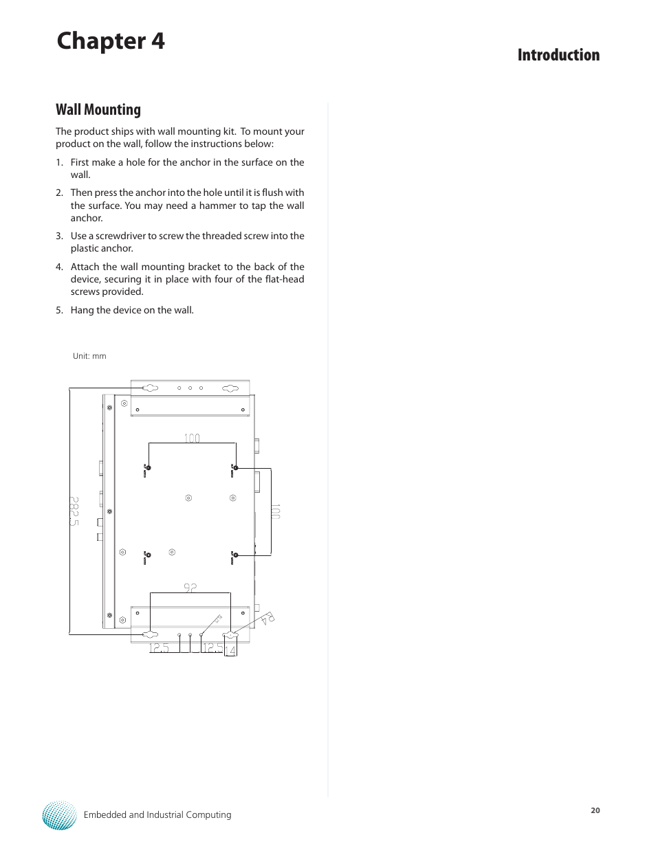 Wall mounting, Chapter 4, Introduction | Lanner LEC-7105 User Manual | Page 20 / 37