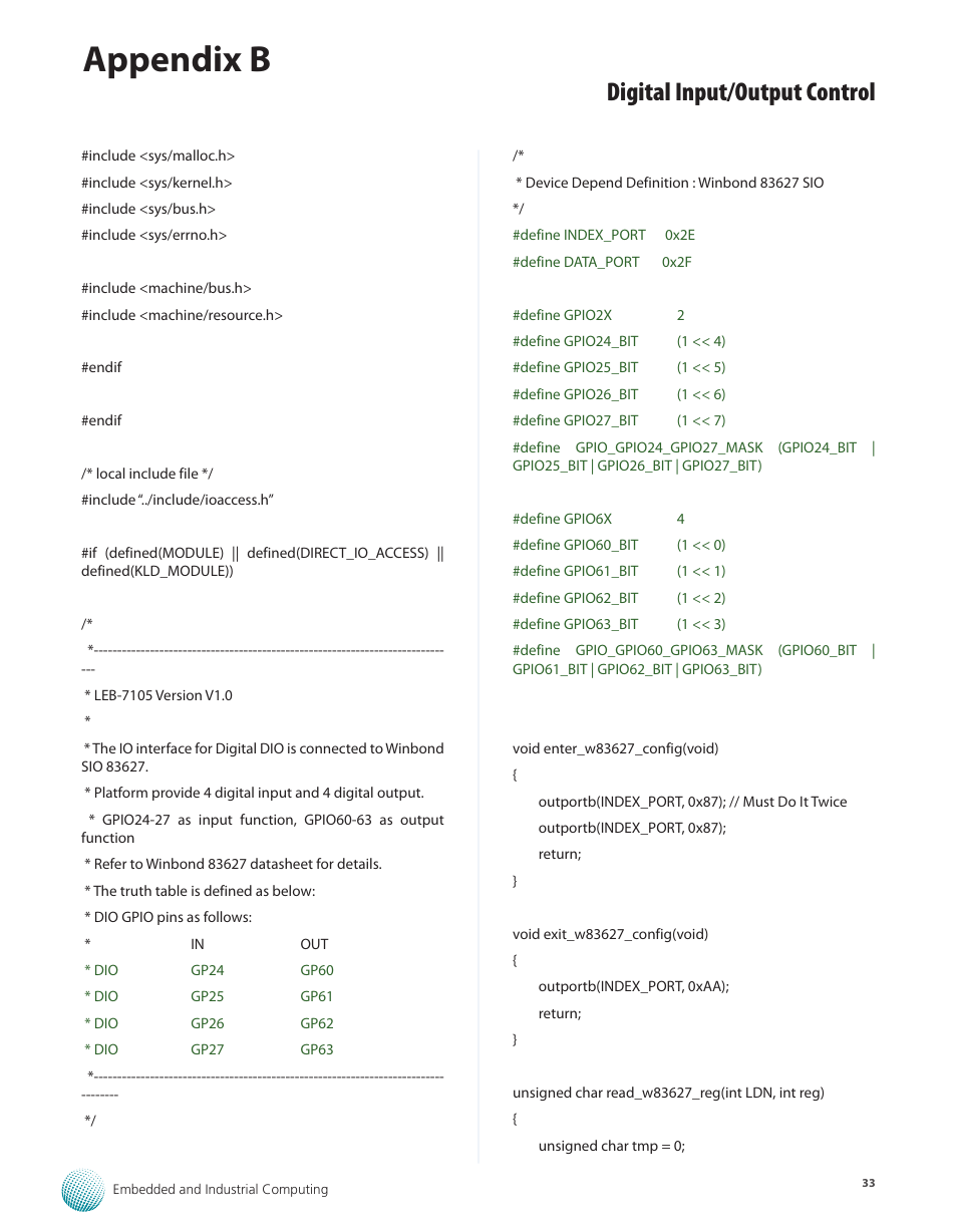 Appendix b, Digital input/output control | Lanner LEC-7105 User Manual | Page 33 / 37