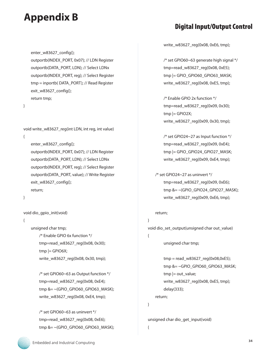 Appendix b, Digital input/output control | Lanner LEC-7105 User Manual | Page 34 / 37