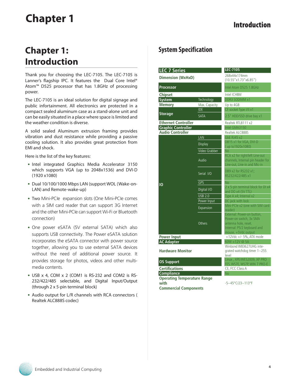 Chapter 1: introduction, System specification, Chapter 1 | Introduction | Lanner LEC-7105 User Manual | Page 4 / 37
