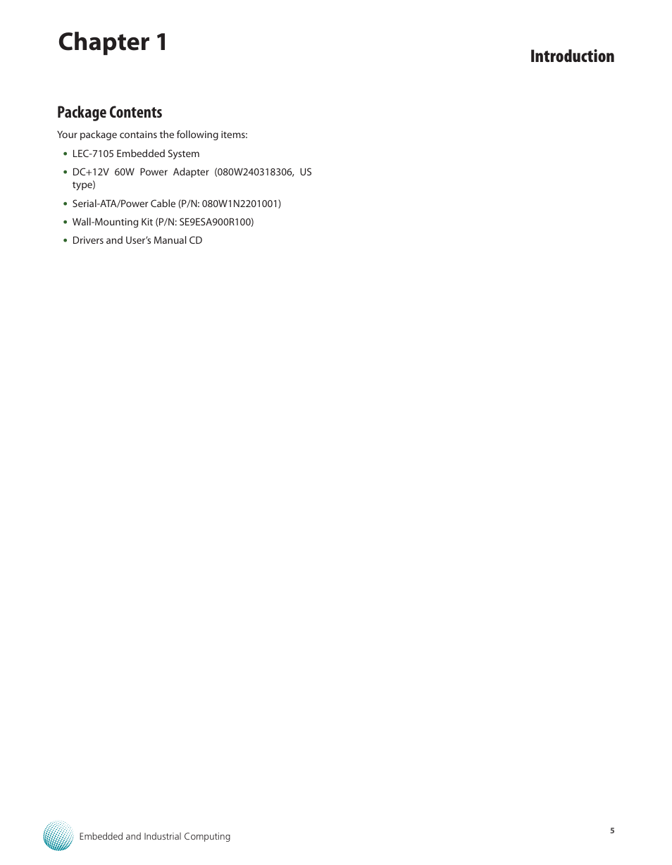 Package contents, Chapter 1, Introduction | Lanner LEC-7105 User Manual | Page 5 / 37