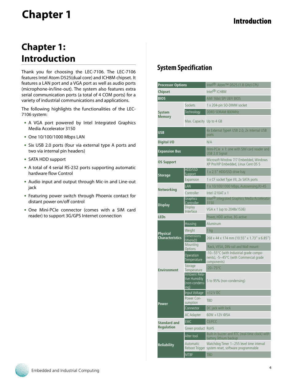 Chapter 1, Chapter 1: introduction, Introduction | System specification | Lanner LEC-7106 User Manual | Page 4 / 21