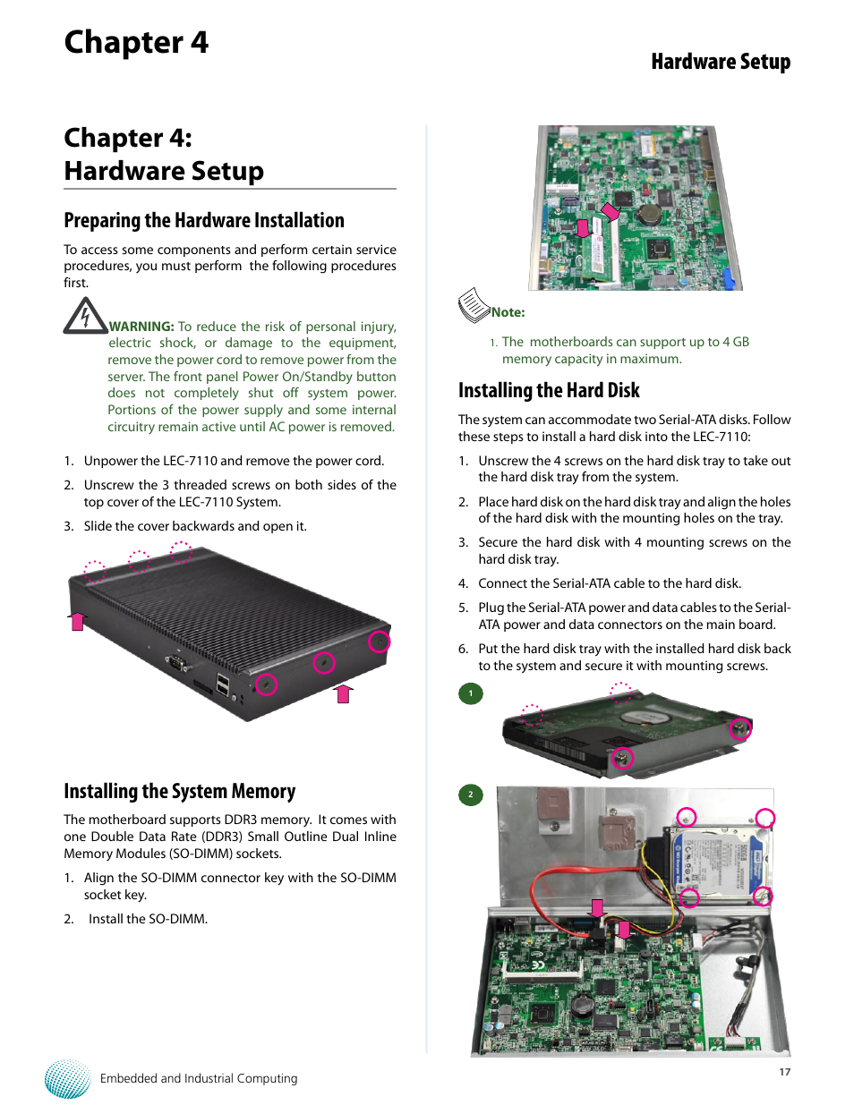 Chapter 4, Chapter 4: hardware setup, Hardware setup | Preparing the hardware installation, Installing the hard disk | Lanner LEC-7110 User Manual | Page 17 / 30