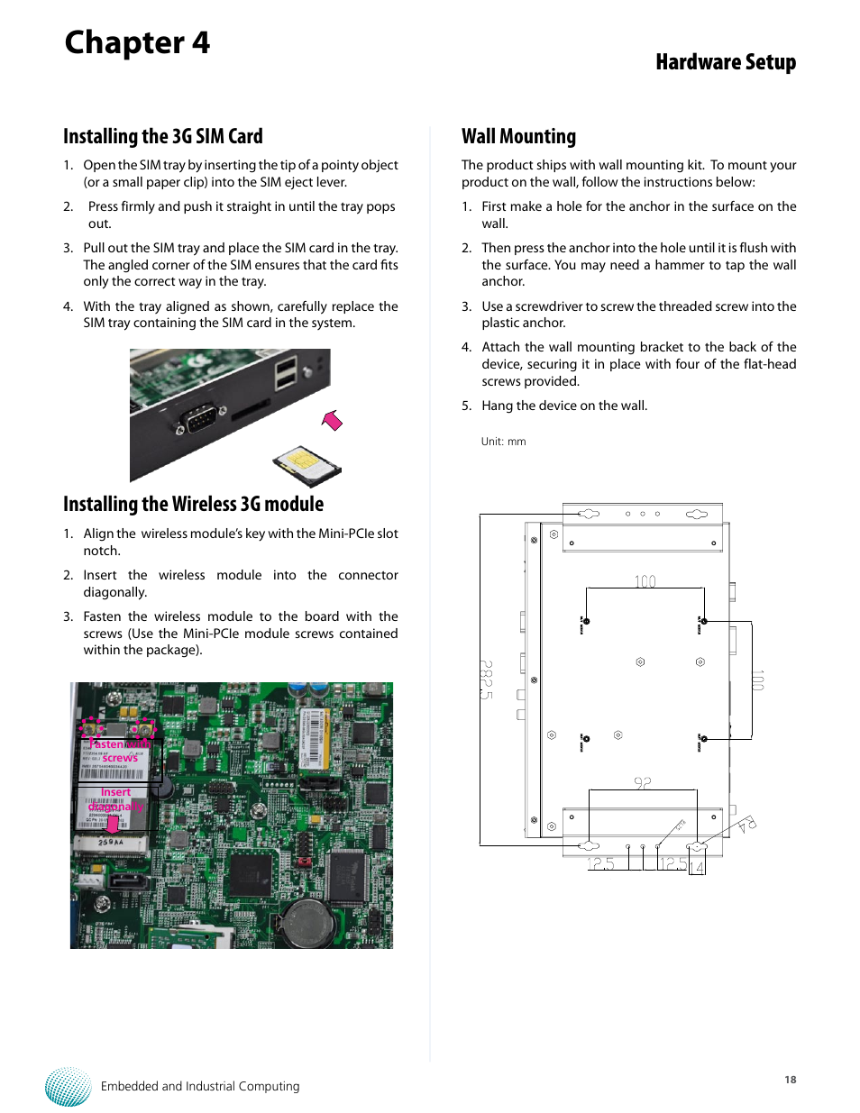 Chapter 4, Hardware setup, Wall mounting | Installing the 3g sim card, Installing the wireless 3g module | Lanner LEC-7110 User Manual | Page 18 / 30