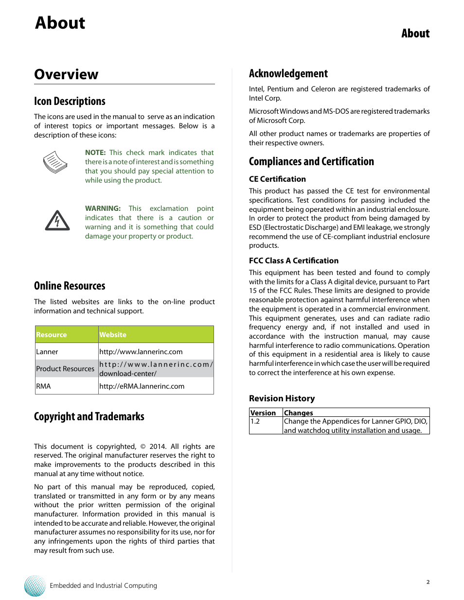 Overview, About, Icon descriptions | Online resources, Copyright and trademarks, Acknowledgement, Compliances and certification | Lanner LEC-7110 User Manual | Page 2 / 30