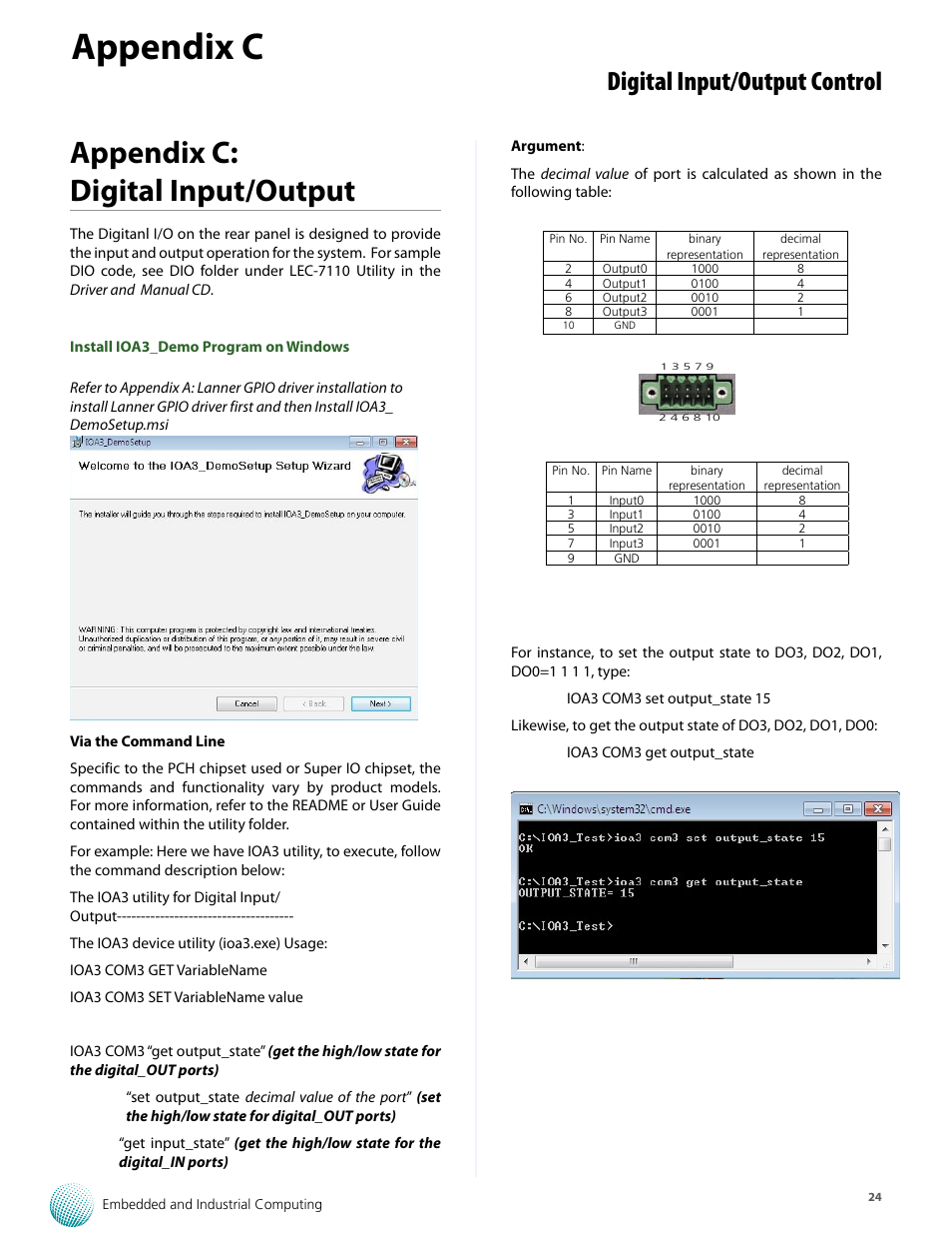 Appendix c, Appendix c: digital input/output, Digital input/output control | Lanner LEC-7110 User Manual | Page 24 / 30