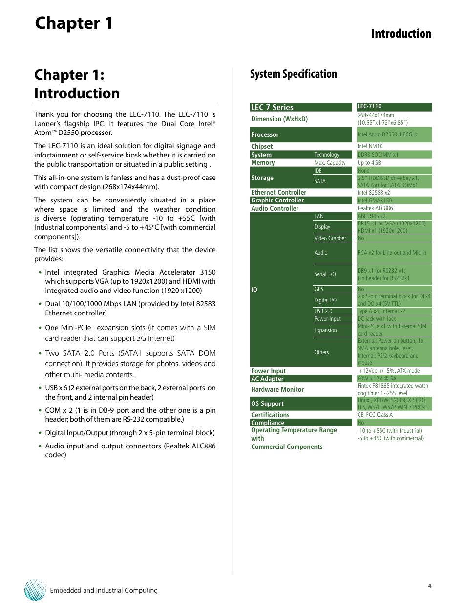 Chapter 1, Chapter 1: introduction, Introduction | System specification | Lanner LEC-7110 User Manual | Page 4 / 30