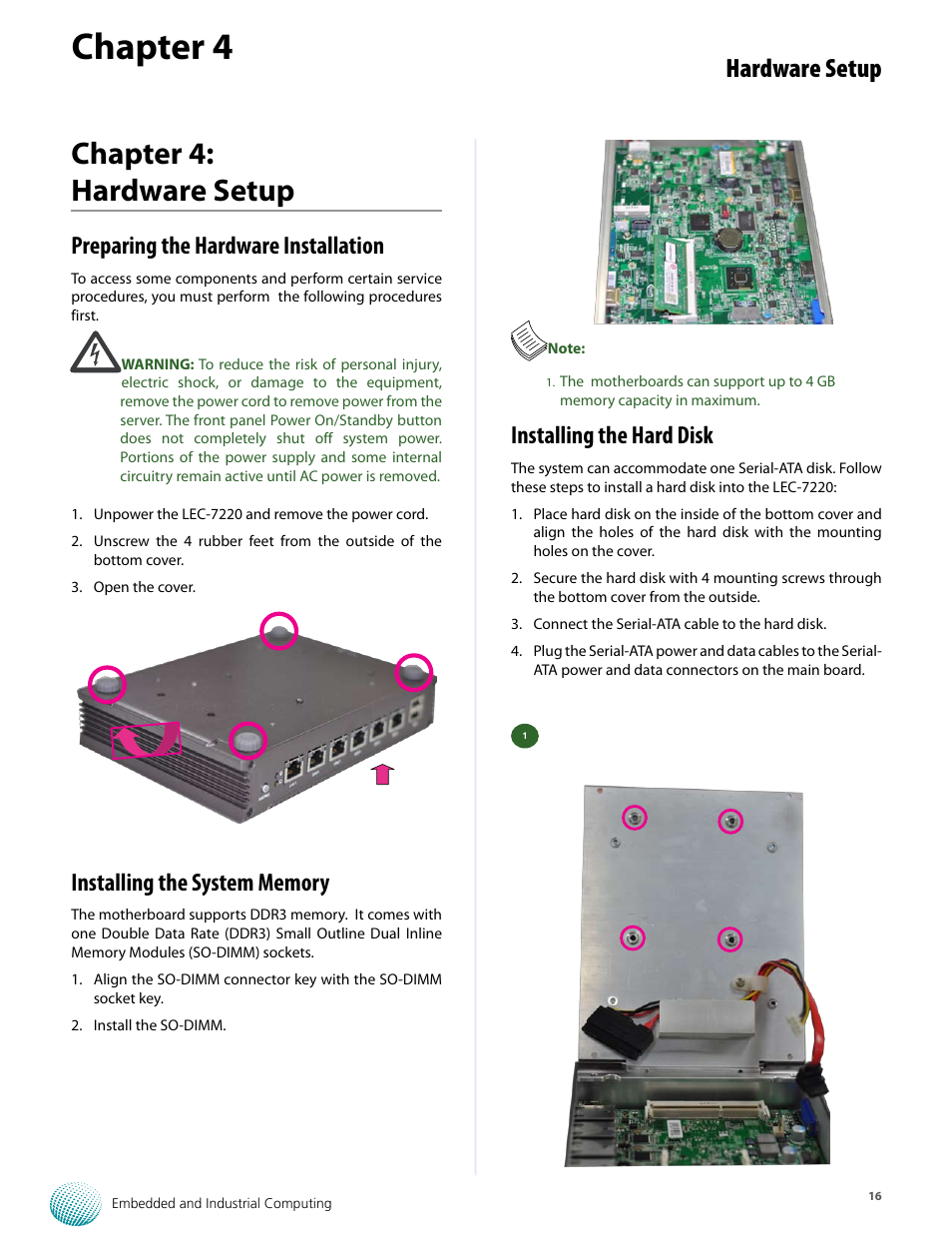 Chapter 4, Chapter 4: hardware setup, Hardware setup | Preparing the hardware installation, Installing the hard disk | Lanner LEC-7220 User Manual | Page 16 / 21