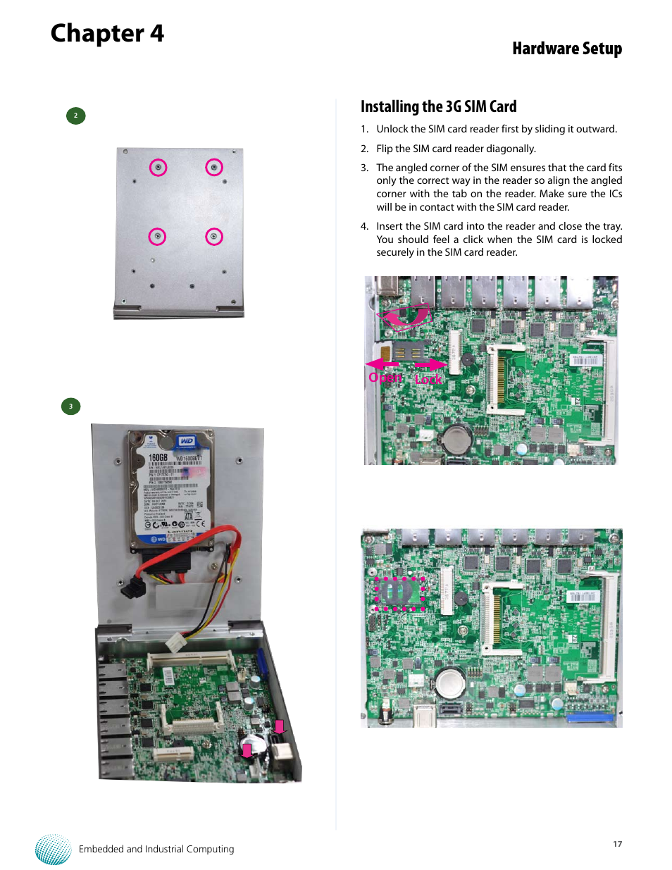 Chapter 4, Hardware setup, Installing the 3g sim card | Lanner LEC-7220 User Manual | Page 17 / 21