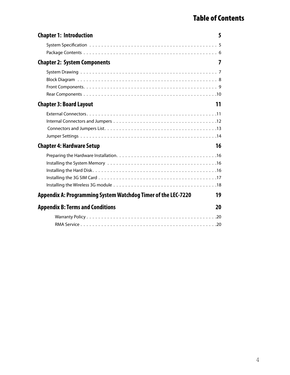 Ttat table of contents beable of contents | Lanner LEC-7220 User Manual | Page 4 / 21