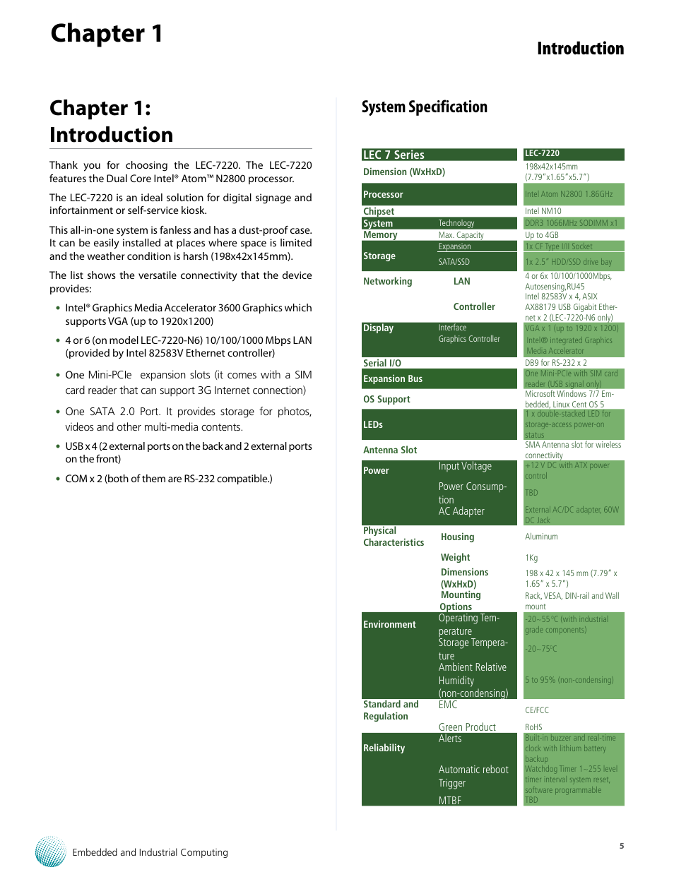 Chapter 1, Chapter 1: introduction, Introduction | System specification | Lanner LEC-7220 User Manual | Page 5 / 21