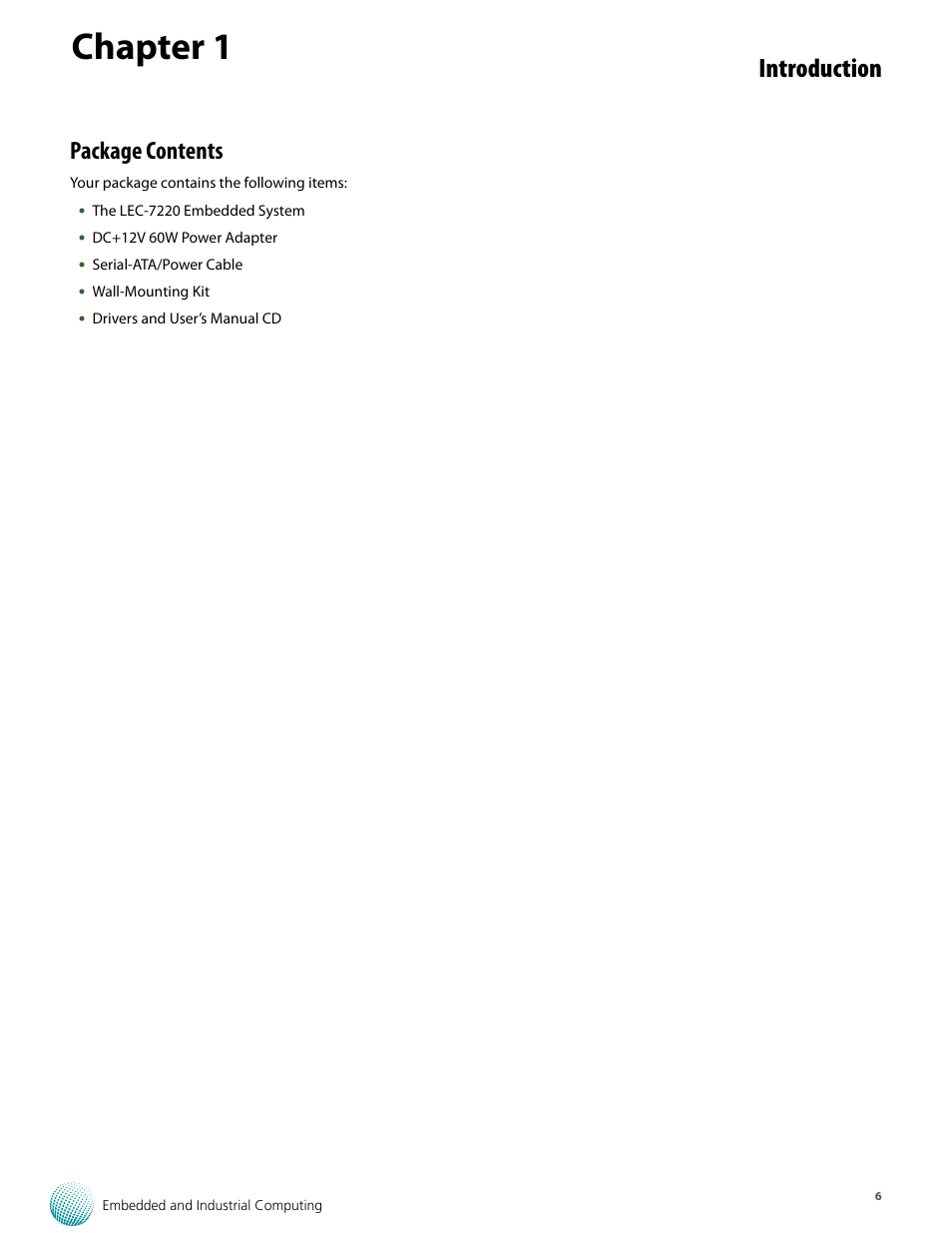 Chapter 1, Introduction, Package contents | Lanner LEC-7220 User Manual | Page 6 / 21