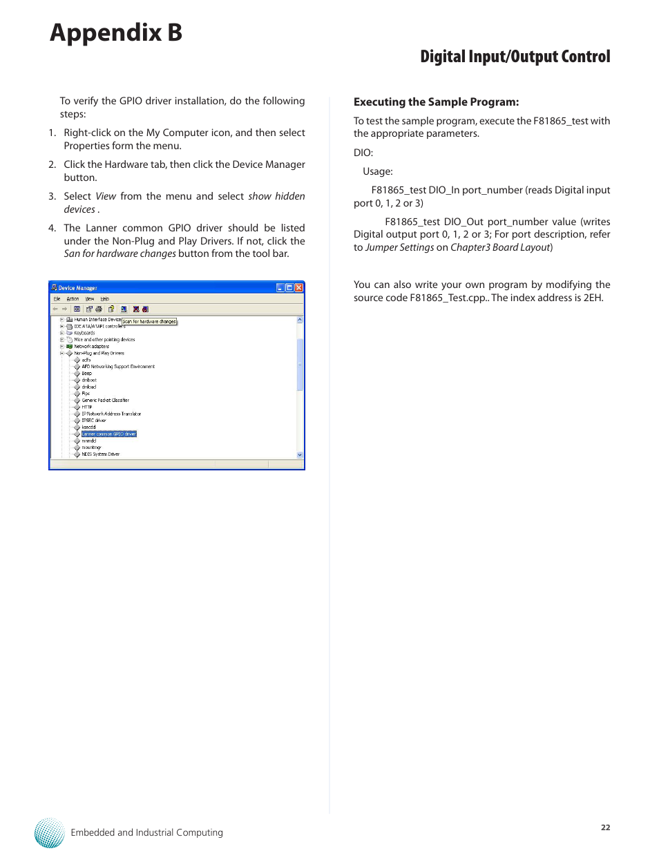 Appendix b, Digital input/output control | Lanner LEC-7230 User Manual | Page 22 / 24