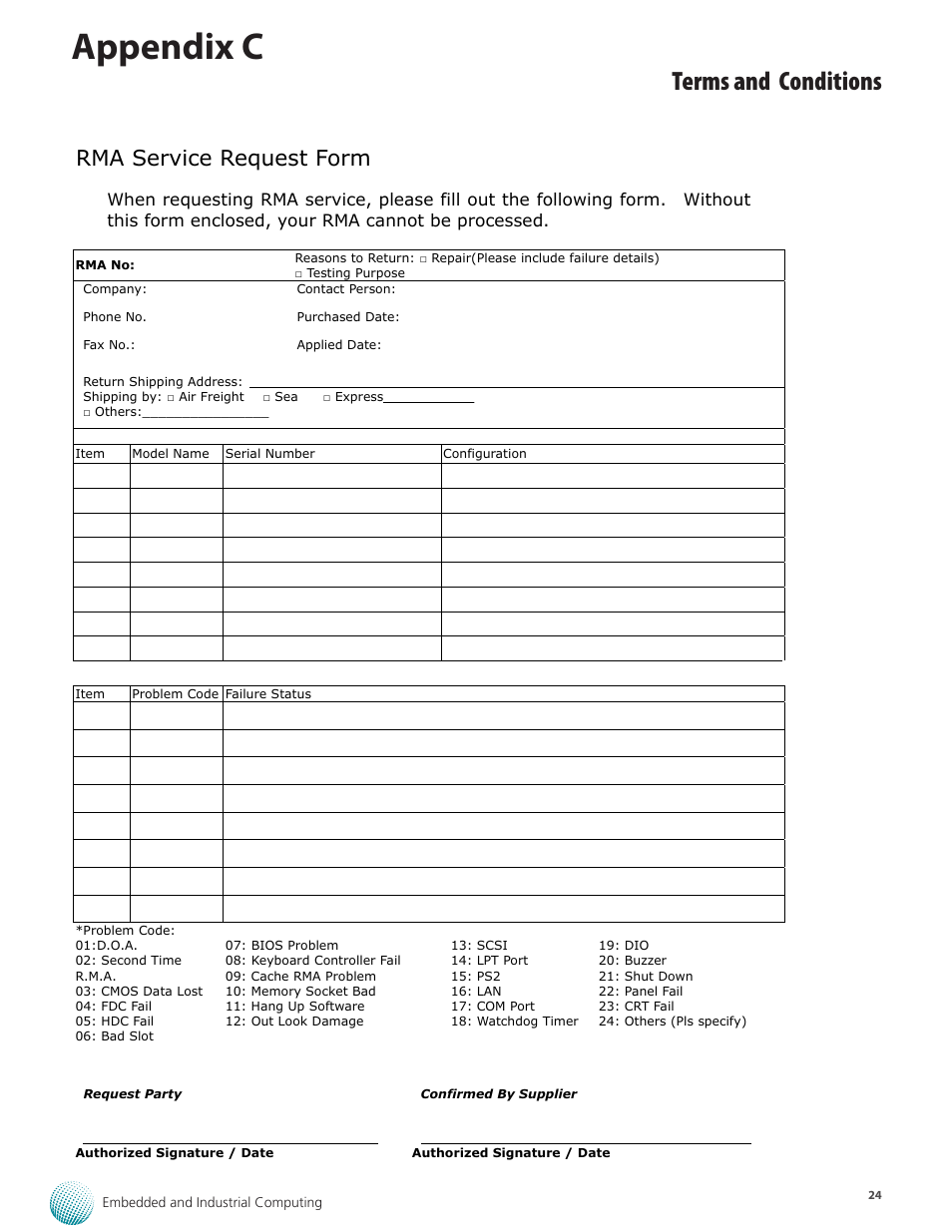 Appendix c, Terms and conditions, Rma service request form | Lanner LEC-7230 User Manual | Page 24 / 24