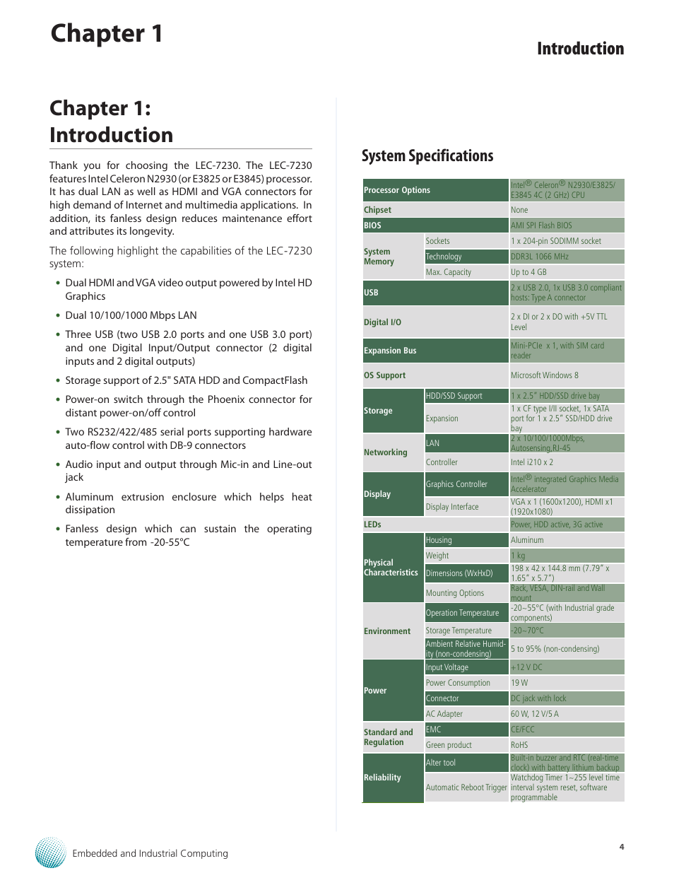 Chapter 1: introduction, System specifications, Chapter 1 | Introduction | Lanner LEC-7230 User Manual | Page 4 / 24